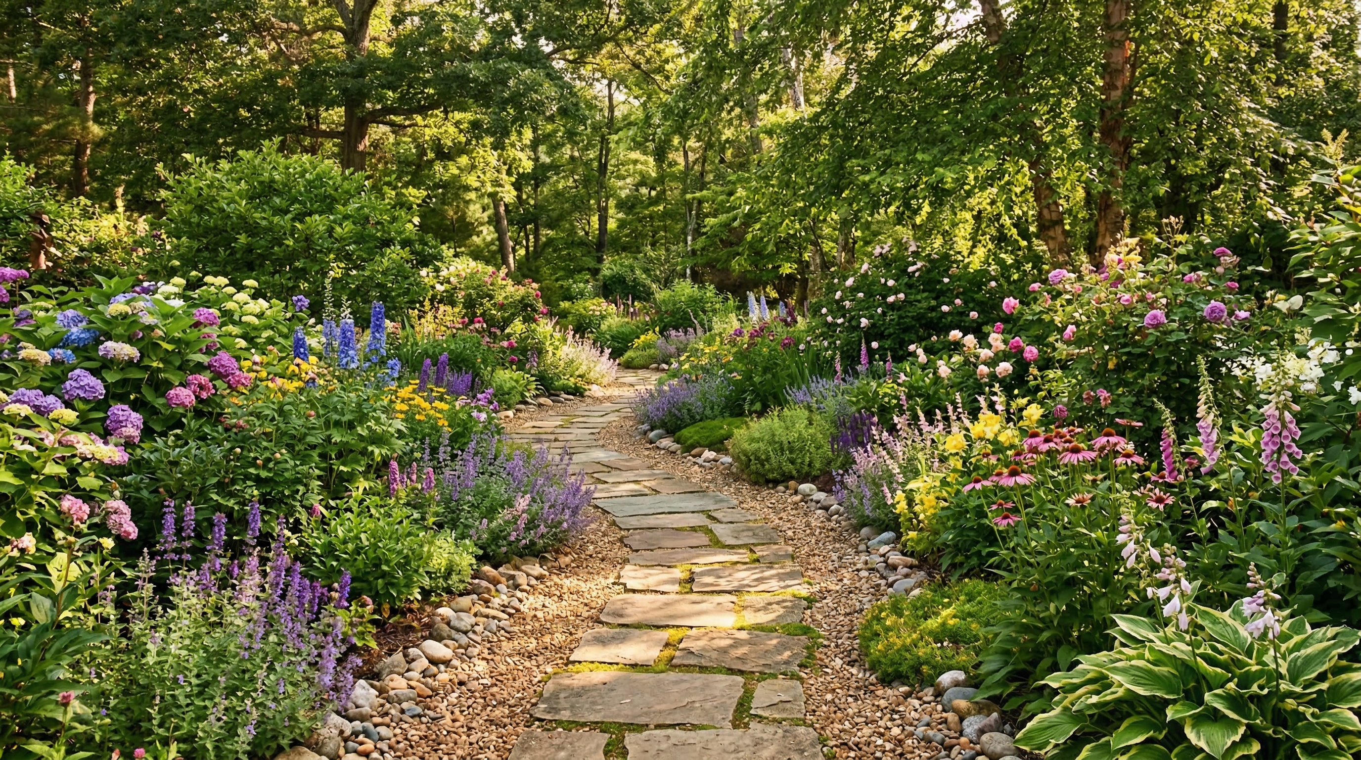 Садовая дорожка из натурального камня среди цветущих клумб