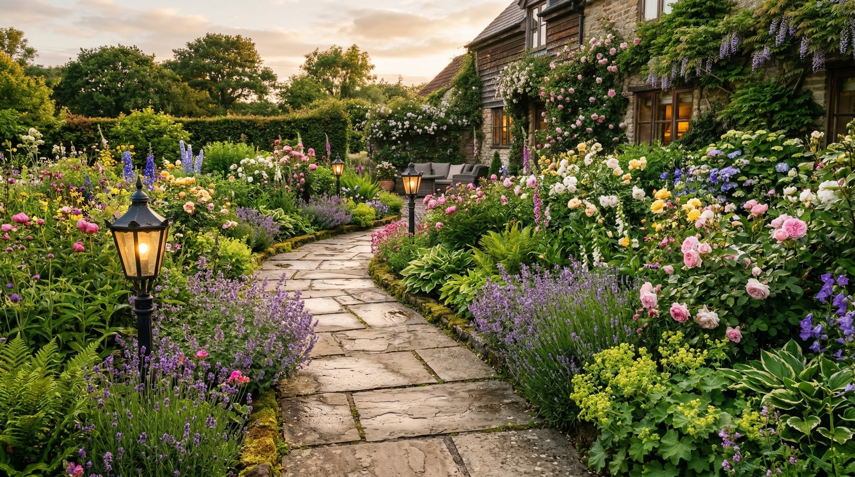 Извилистая садовая дорожка из натурального камня среди цветников