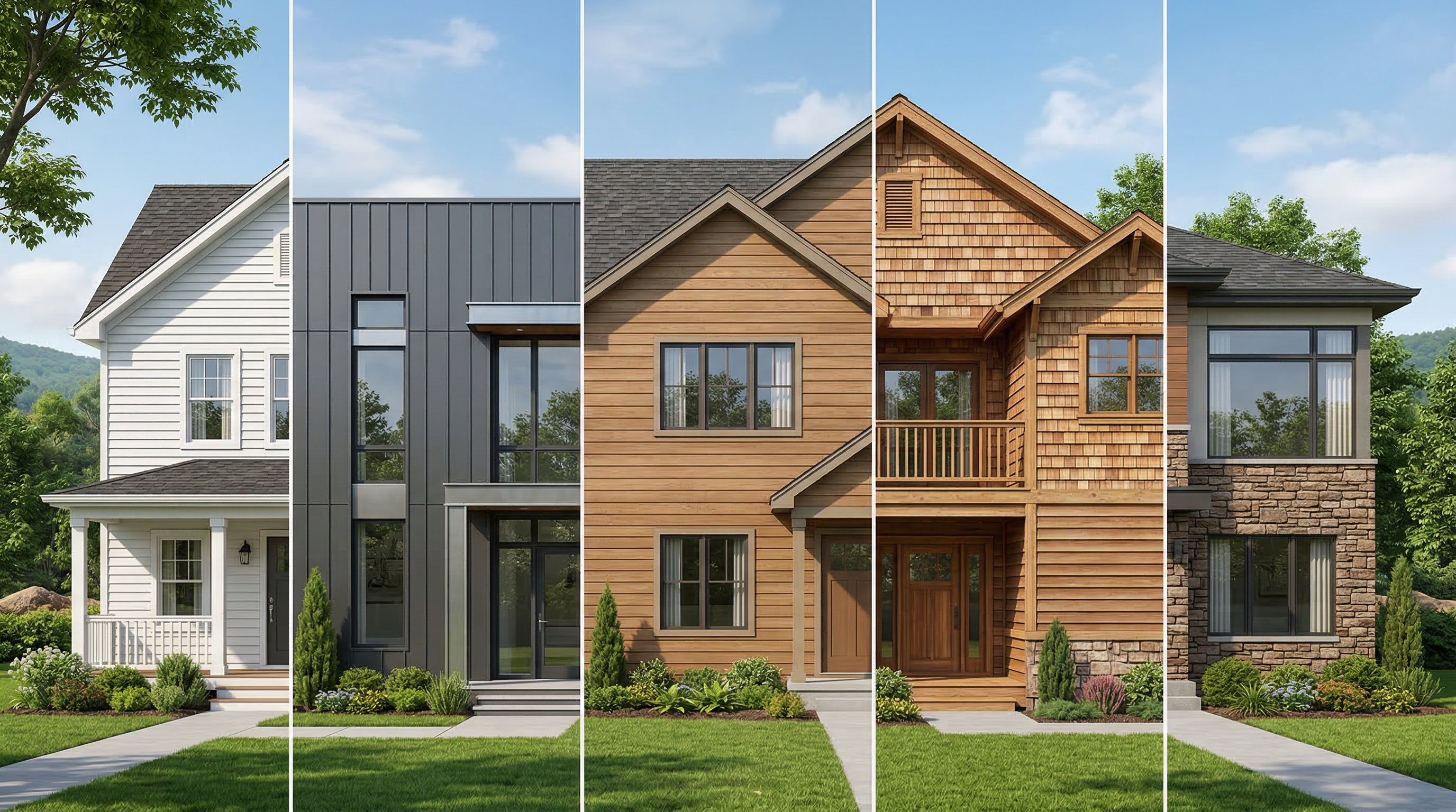 Разные виды сайдинга на фасадах домов