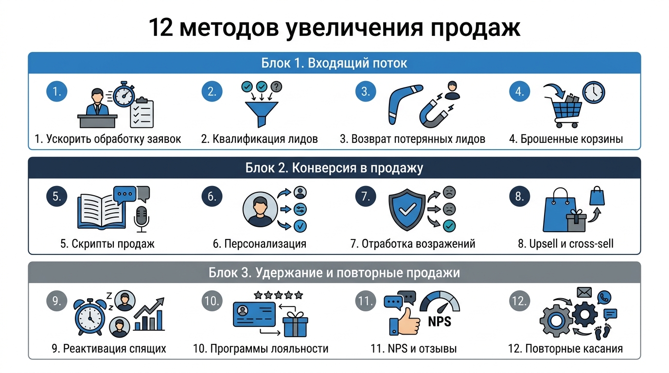 Карта 12 методов увеличения продаж: входящий поток, конверсия, удержание