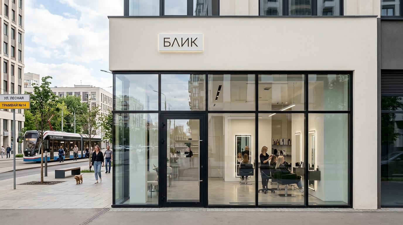 Минималистичный фасад салона красоты с панорамными витринами