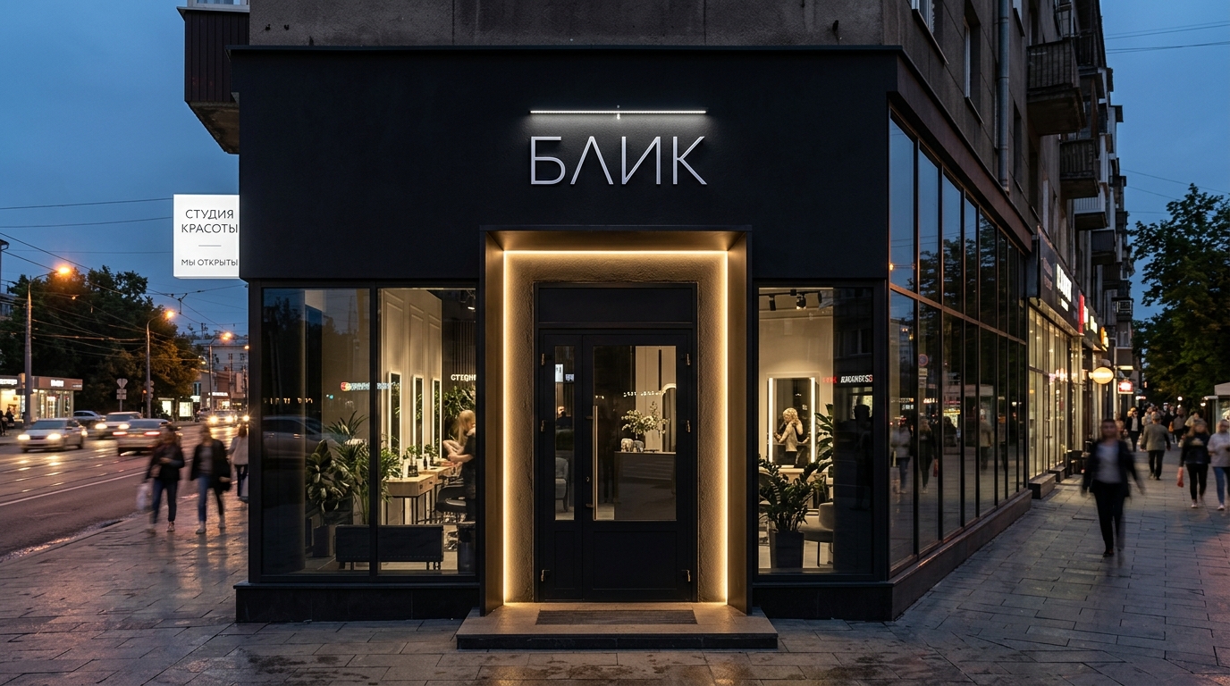 Тёмный современный фасад салона красоты с LED-контуром у входа