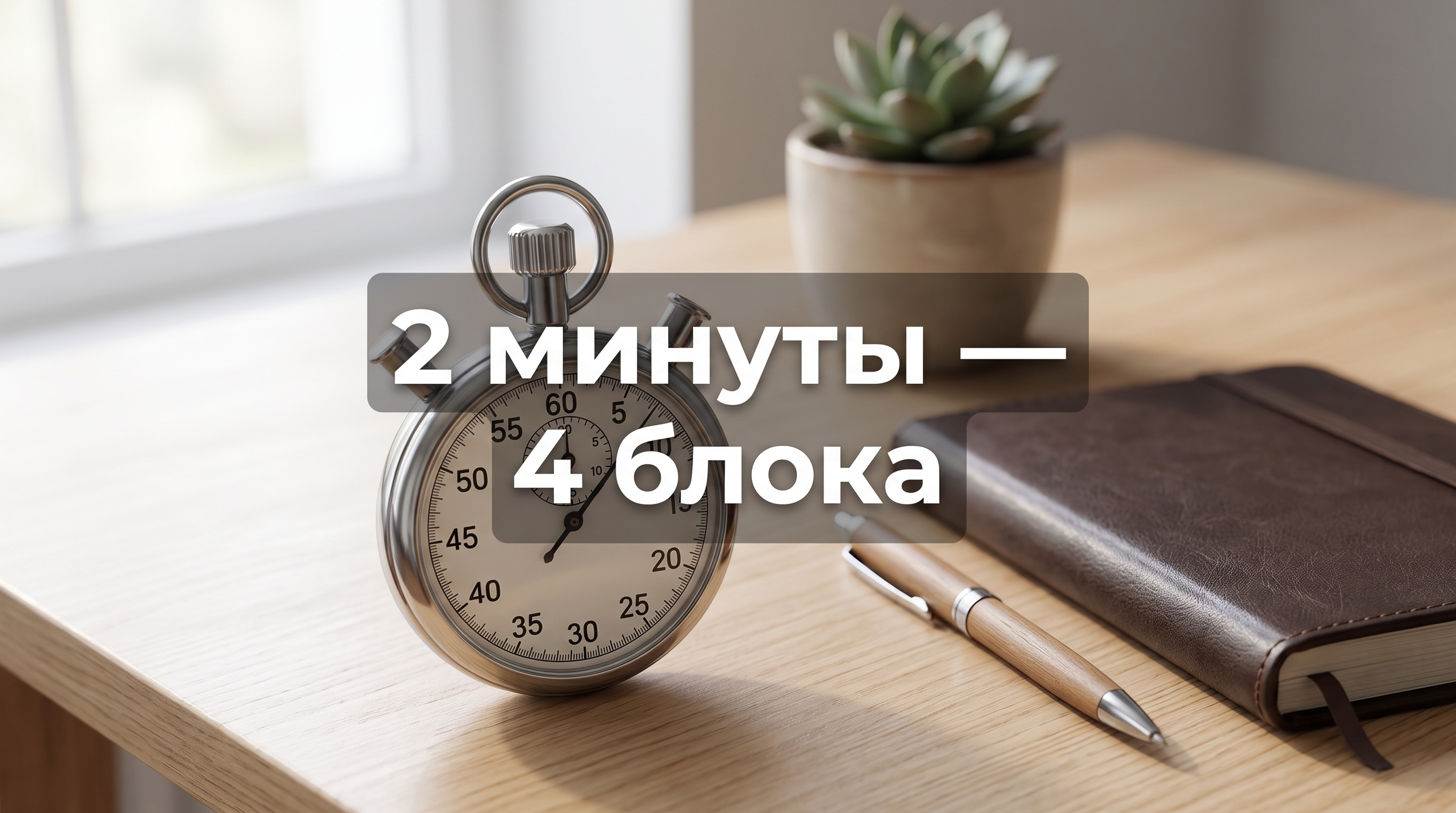 Секундомер и закрытый блокнот на столе — хронометраж самопрезентации на две минуты