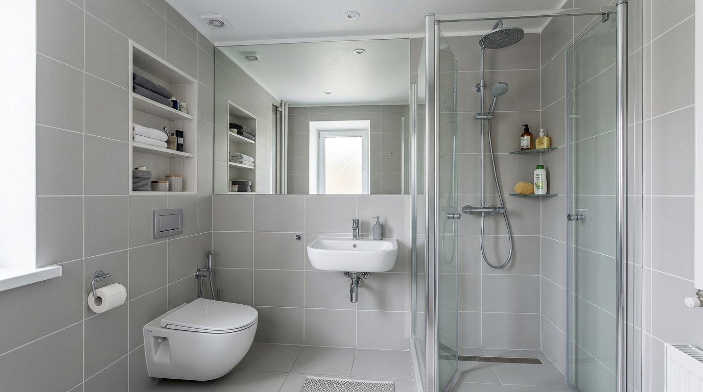 Компактный совмещённый санузел в хрущёвке с подвесной сантехникой и душевой кабиной