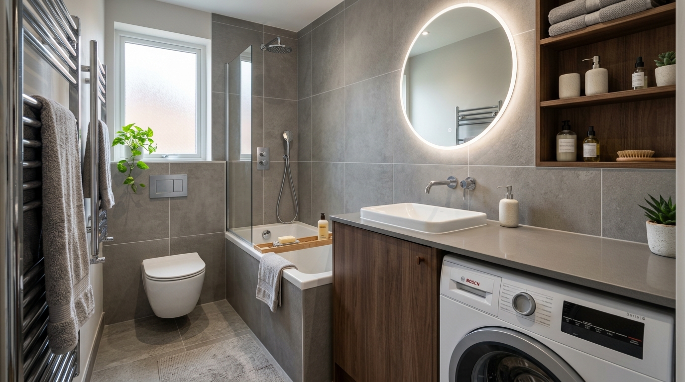 Стиральная машина встроена под столешницу рядом с раковиной в совмещённом санузле