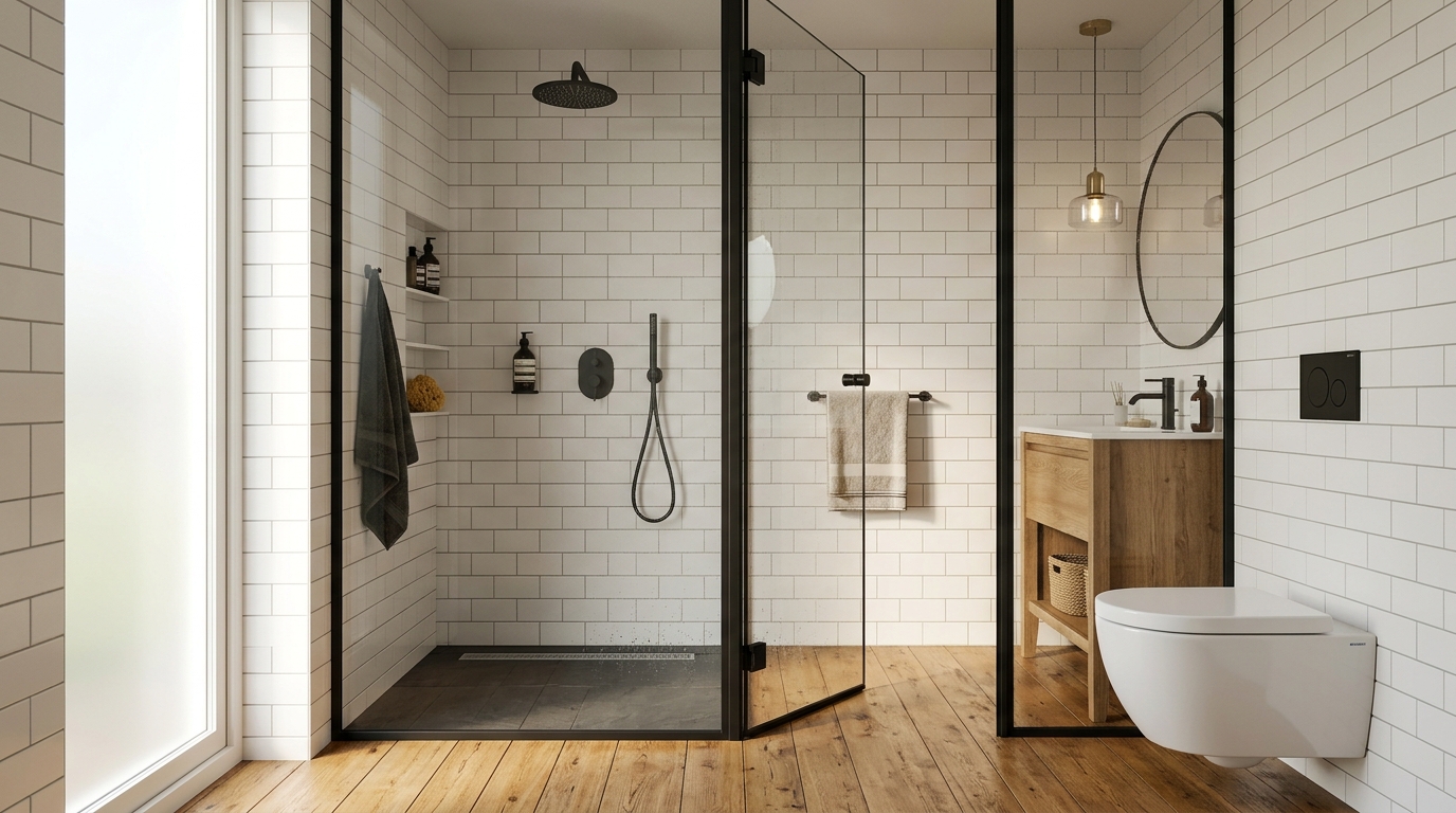 Зонирование ванной: стеклянная перегородка отделяет душевую от основного пространства