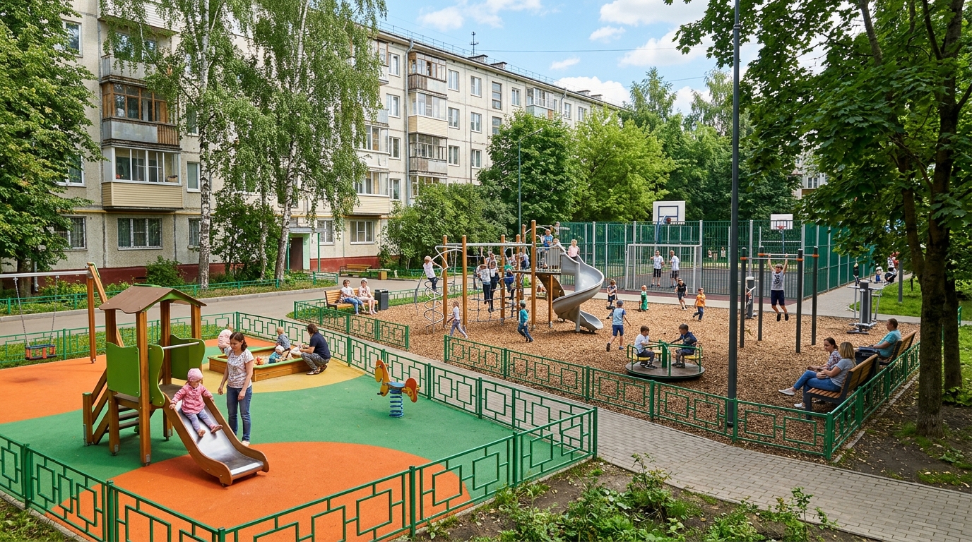 Семейный двор: три возрастные зоны детских площадок