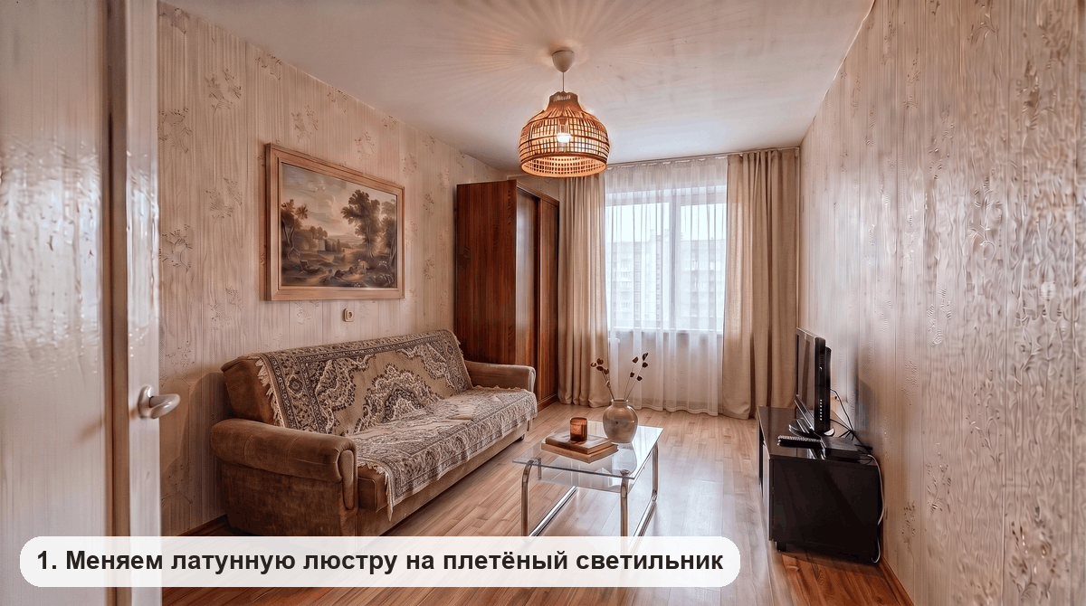 Плетеный подвесной светильник под потолком съемной комнаты