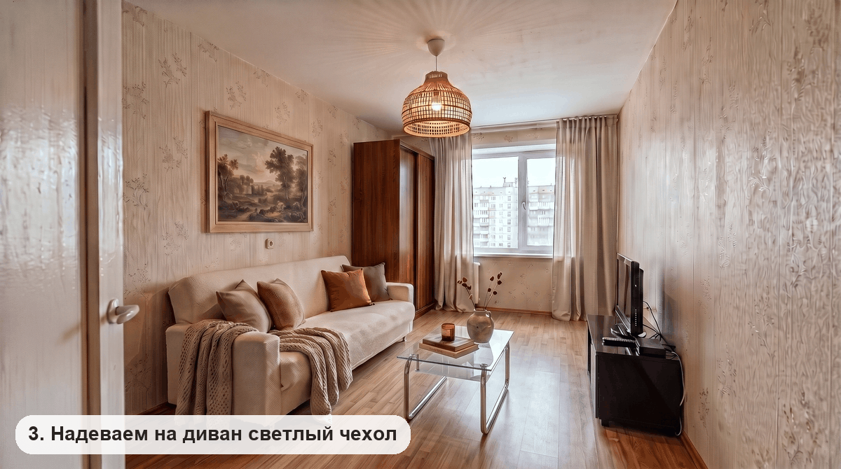 Хозяйский диван в светлом чехле с подушками и вязаным пледом