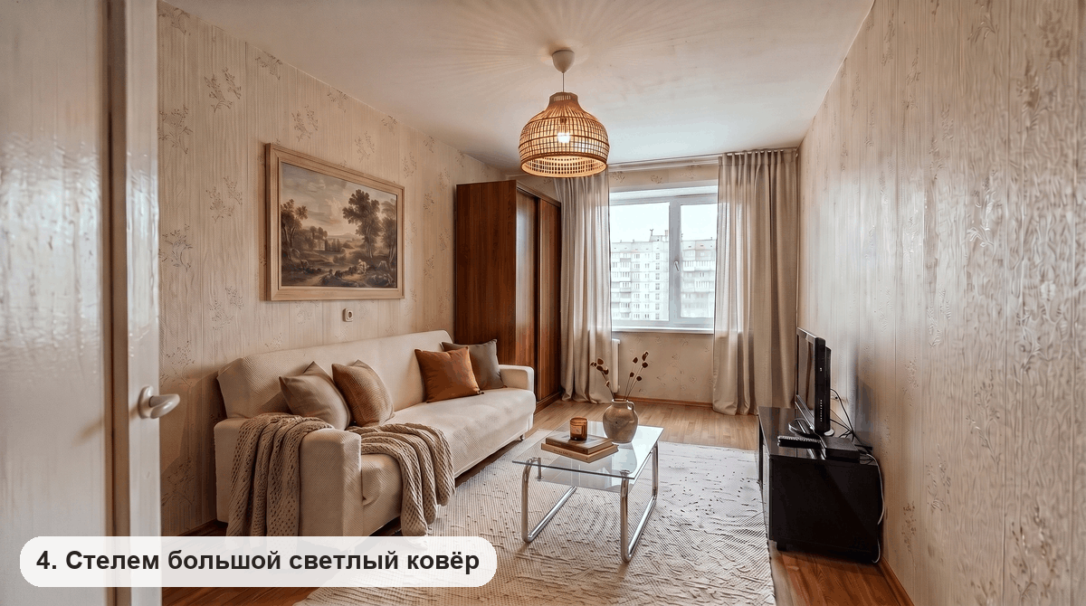 Светлый ковер на ламинате между диваном и тумбой