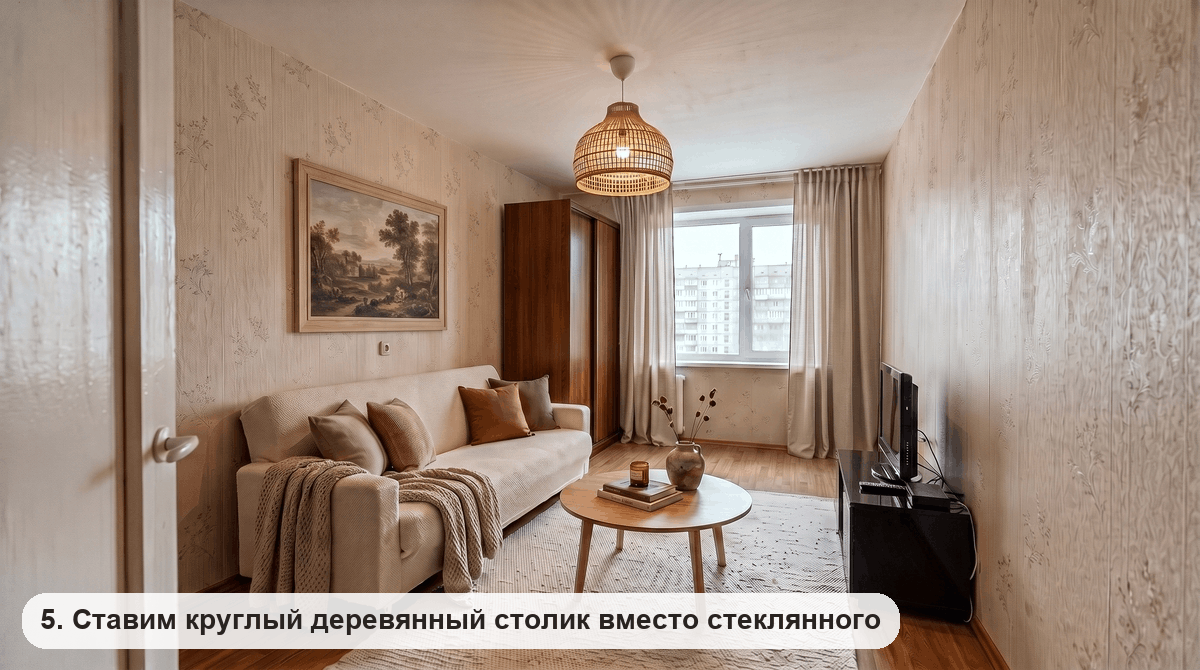 Круглый журнальный стол из светлого дерева на ковре