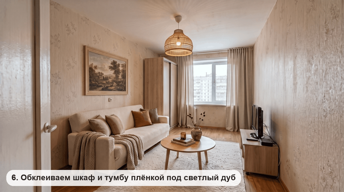 Шкаф и тумба под телевизором, обклеенные пленкой под светлый дуб