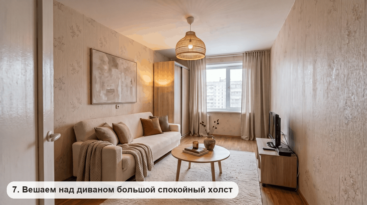 Абстрактный холст в бежевых тонах над диваном