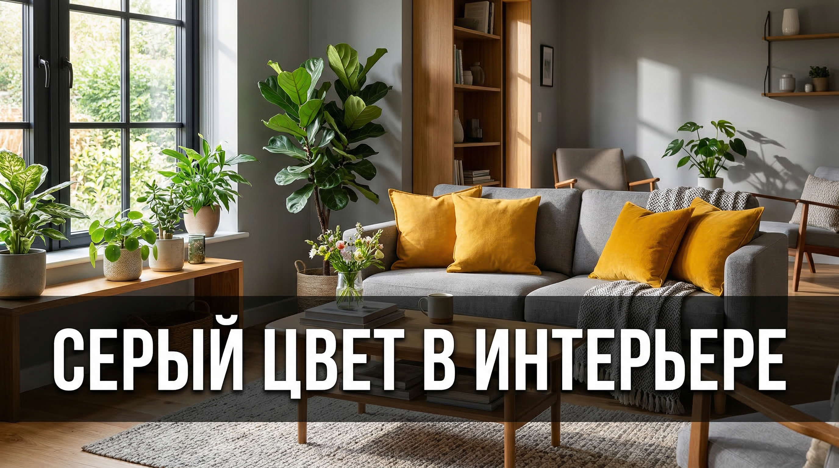 Серый цвет в интерьере — гостиная с серыми стенами, жёлтыми подушками и зелёными растениями