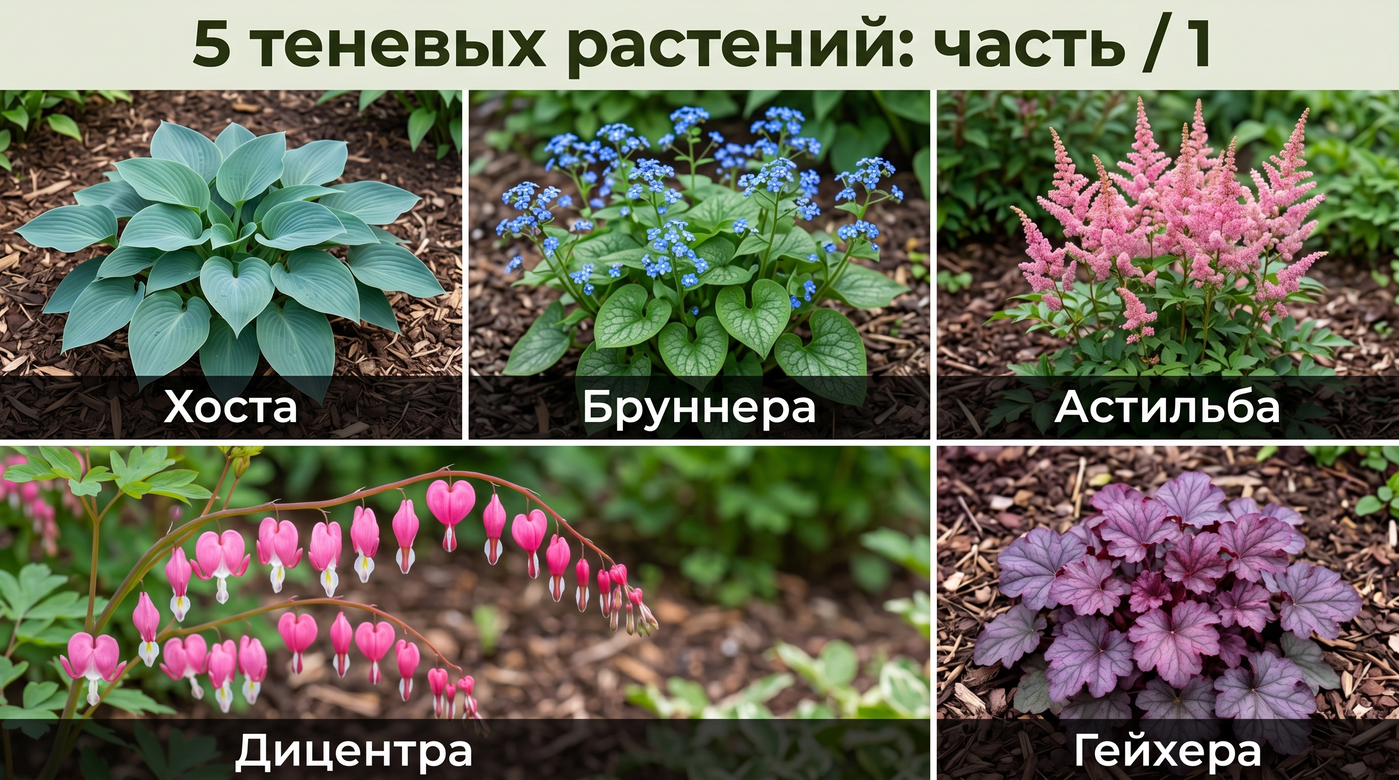 Пять теневых растений: хоста, бруннера, астильба, дицентра, гейхера