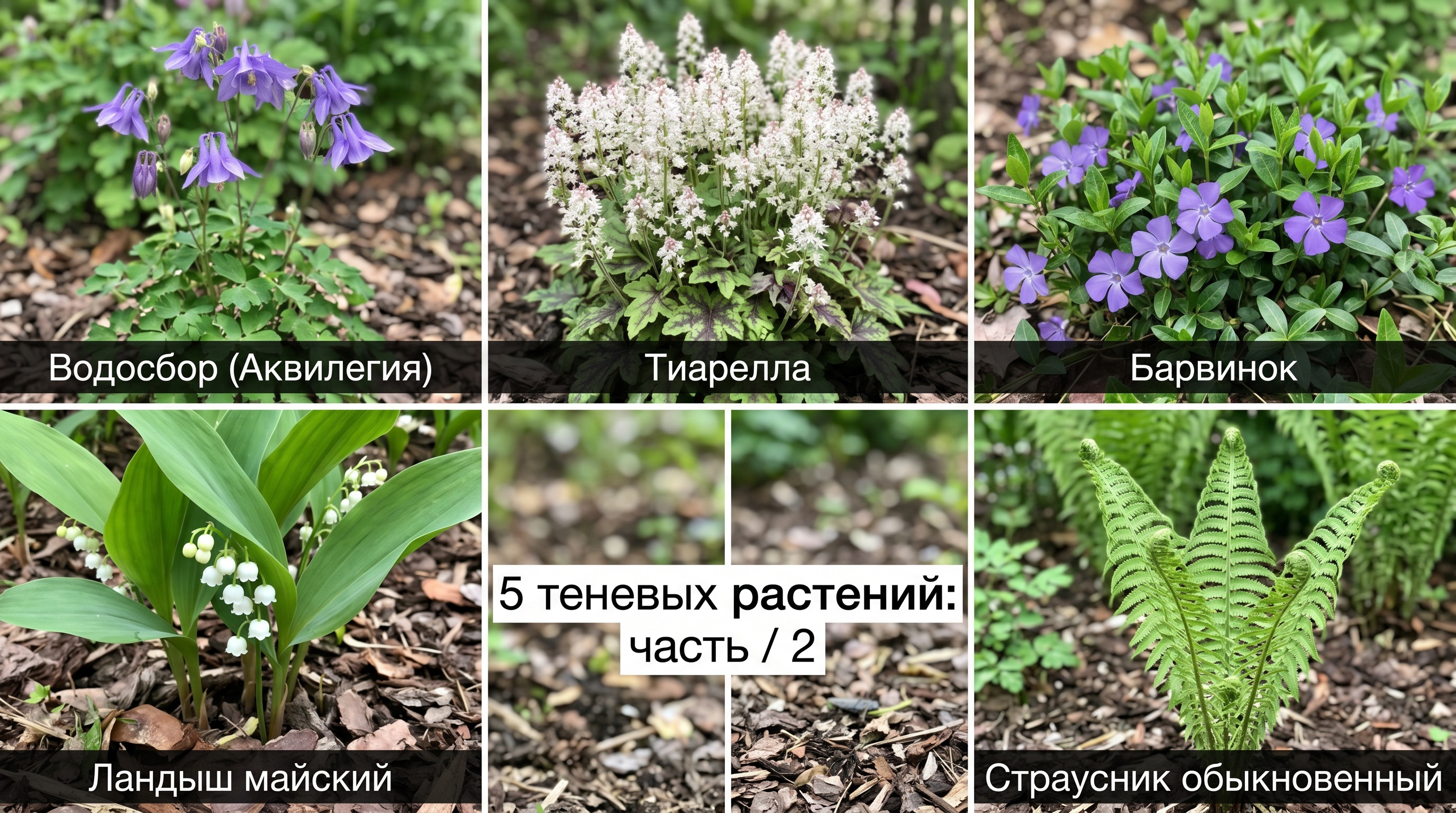 Пять теневых растений: аквилегия, тиарелла, барвинок, ландыш, страусник