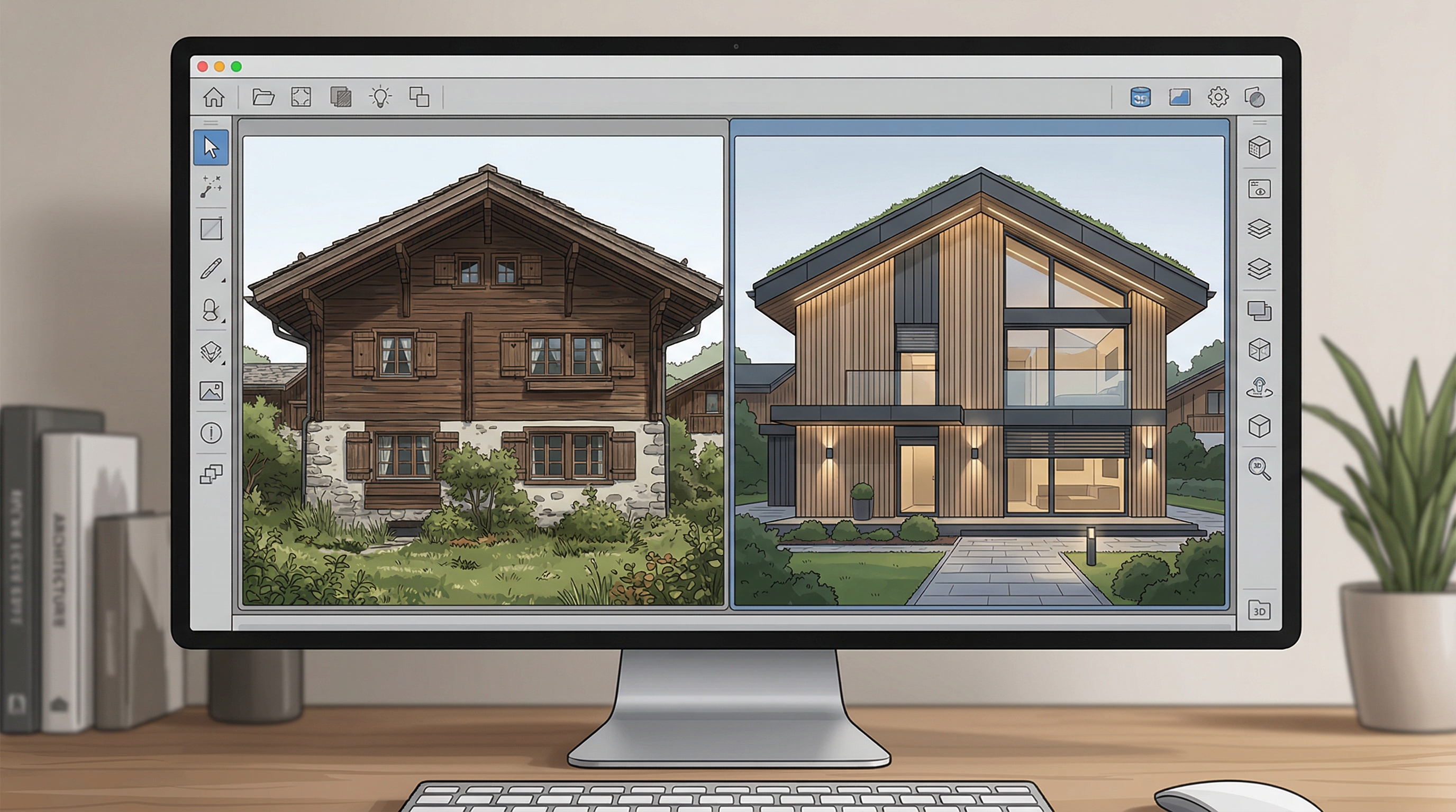 ИИ-визуализация фасада: сравнение до и после, экран с программой визуализации