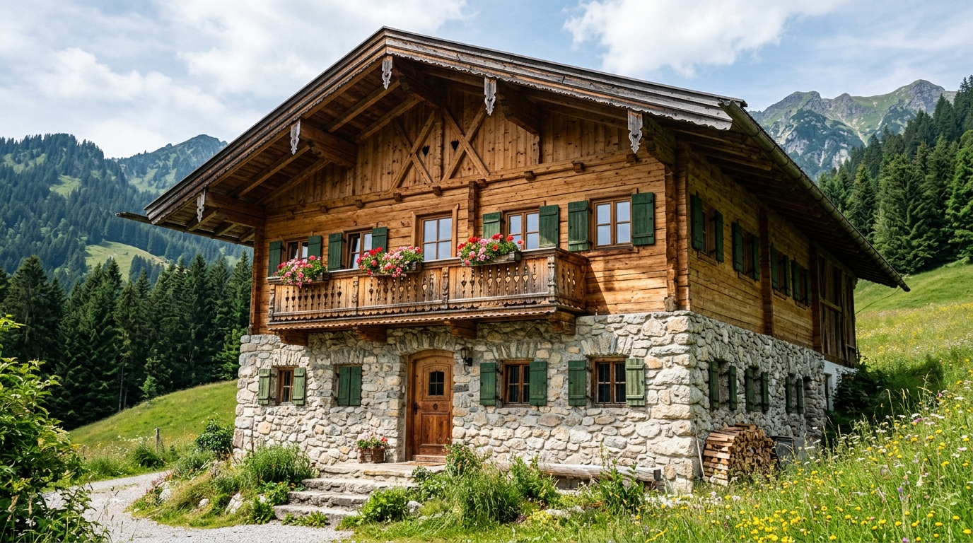 Классический альпийский фасад шале — каменный цоколь и деревянный верх