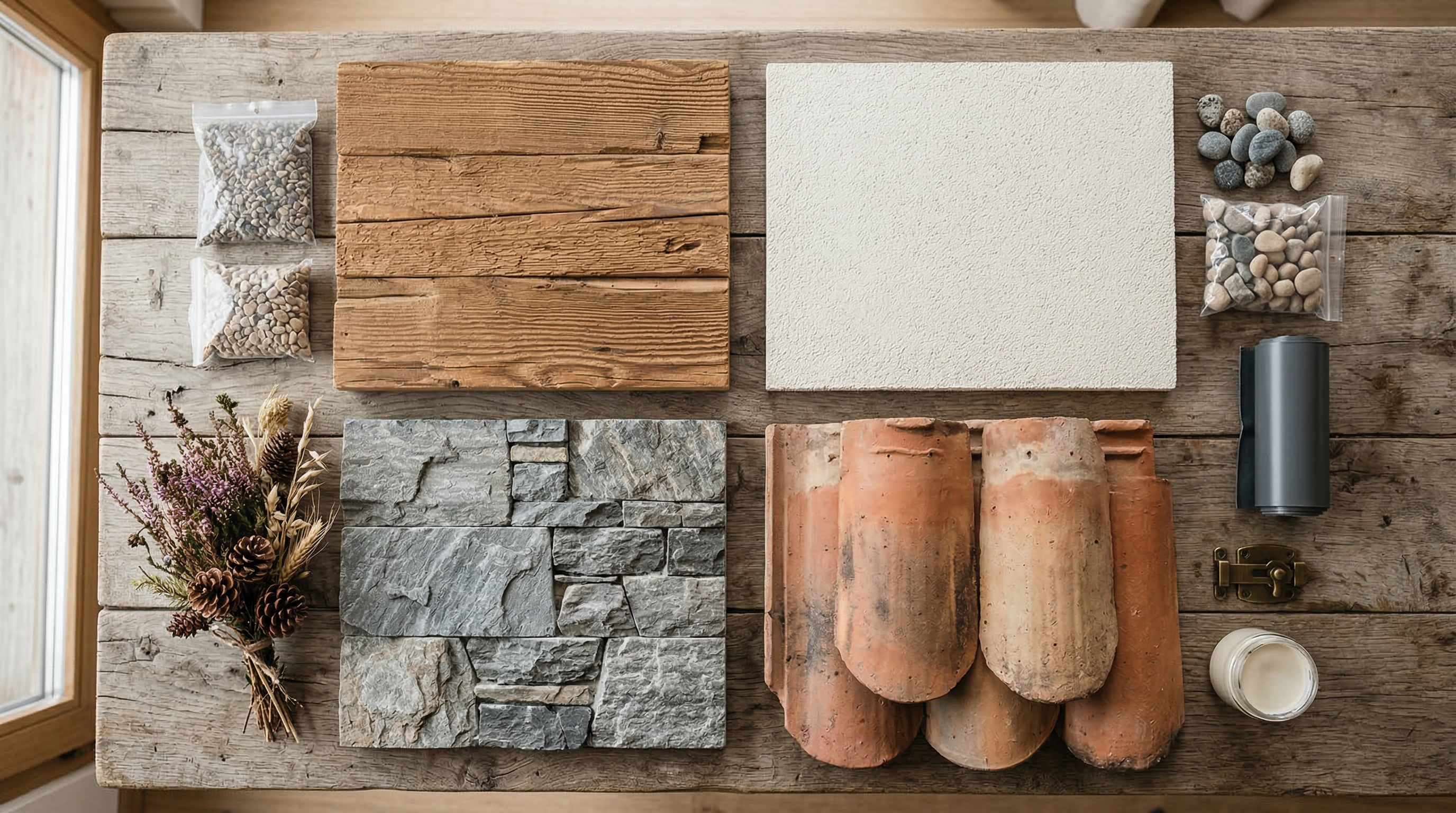 Палитра материалов для фасада шале: дерево, натуральный камень, штукатурка, черепица