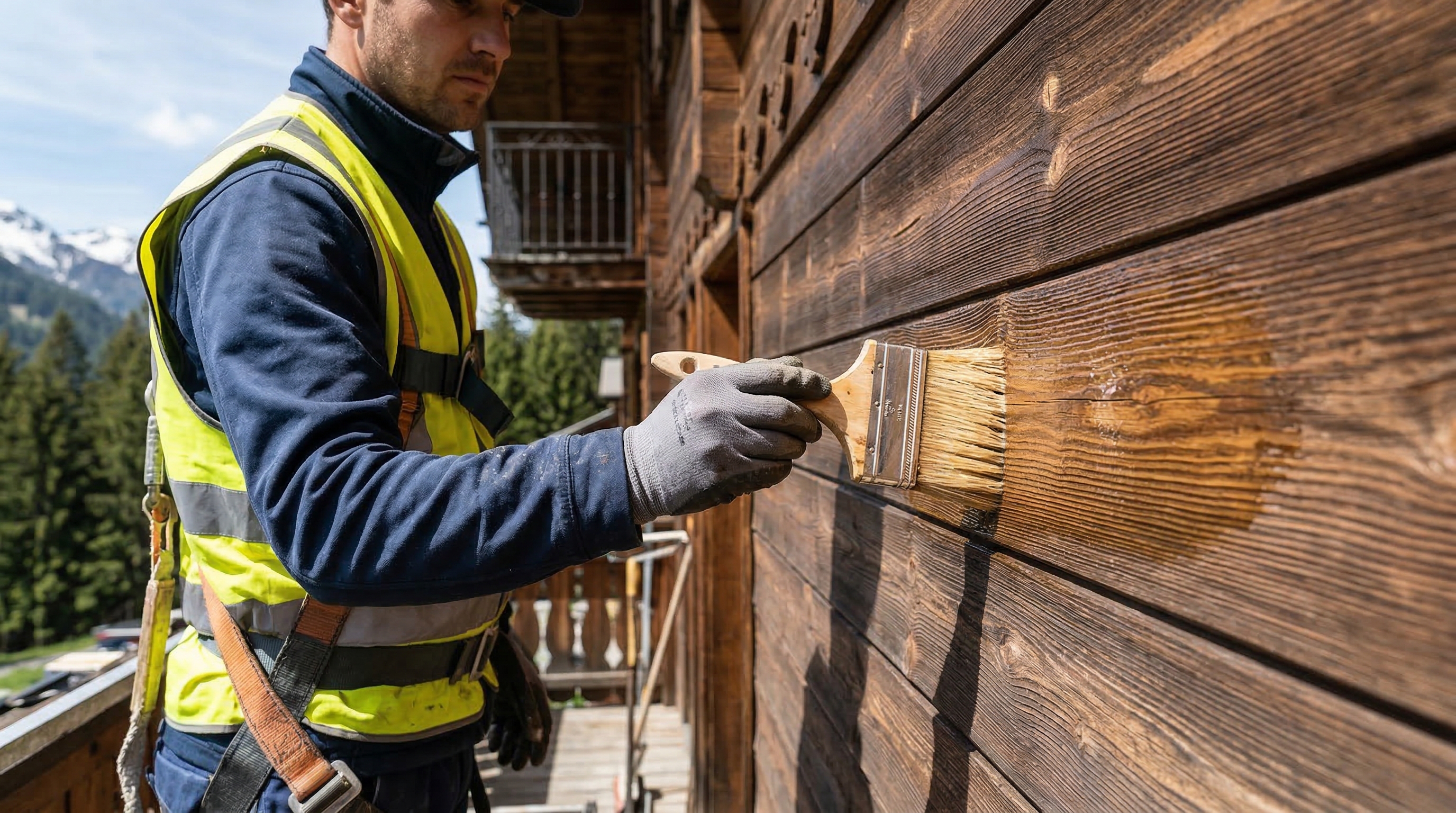 Обработка деревянного фасада шале защитным маслом — мастер наносит состав кистью