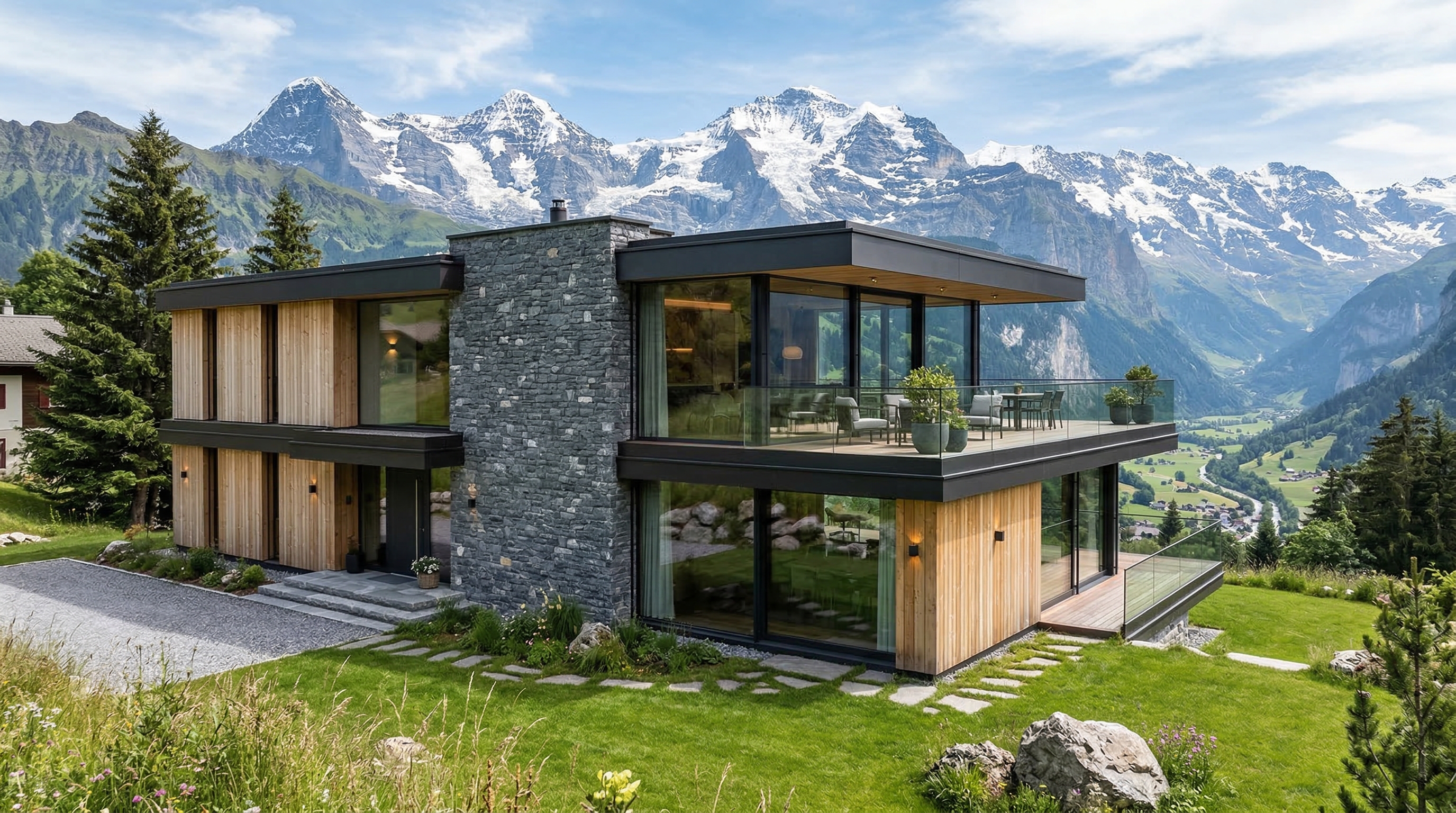 Современный дом в стиле шале — серый камень, светлое дерево, панорамные окна, плоские террасы