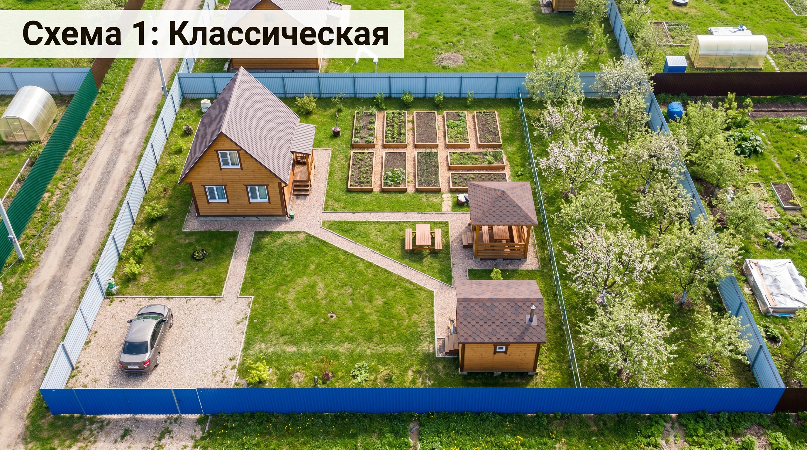 Схема 1 — классическая планировка участка 8 соток с домом, баней, огородом и беседкой