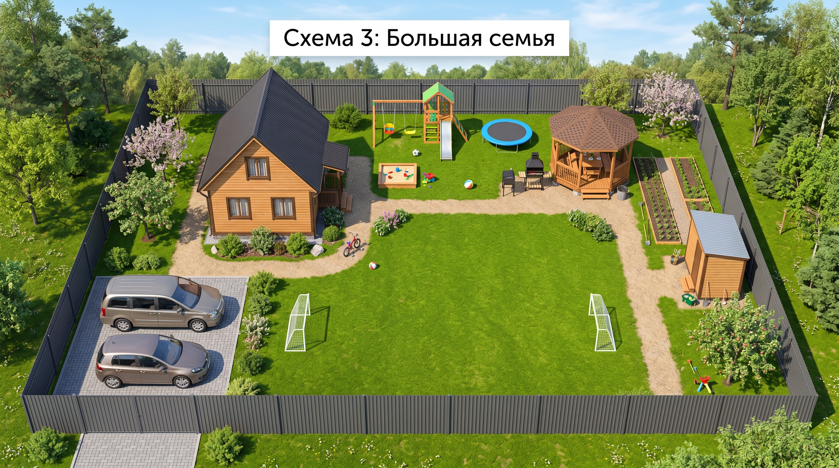 Схема 3 — планировка участка 8 соток для большой семьи с детской площадкой и зоной барбекю