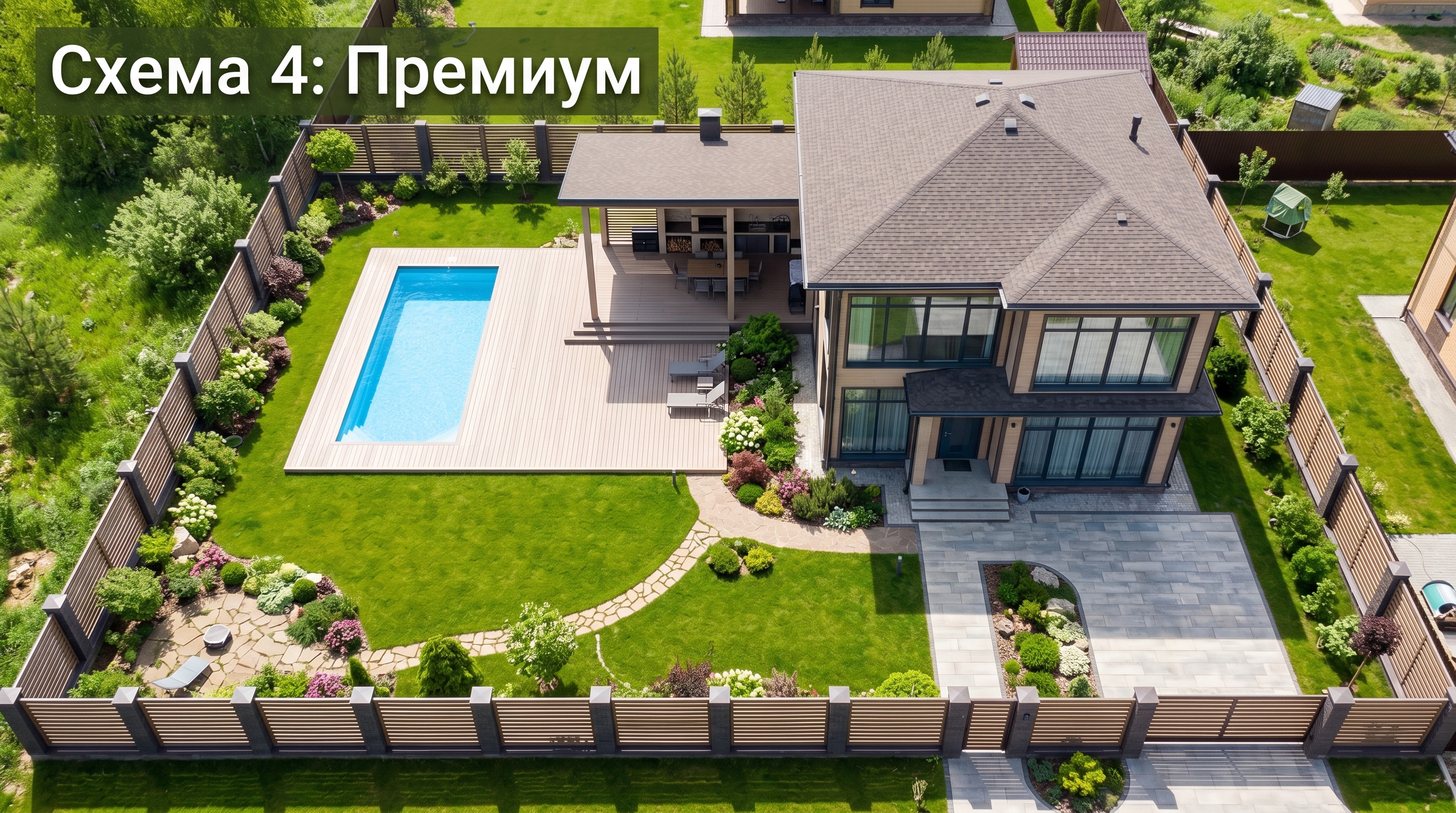 Схема 4 — премиум-планировка участка 8 соток с бассейном и большой террасой