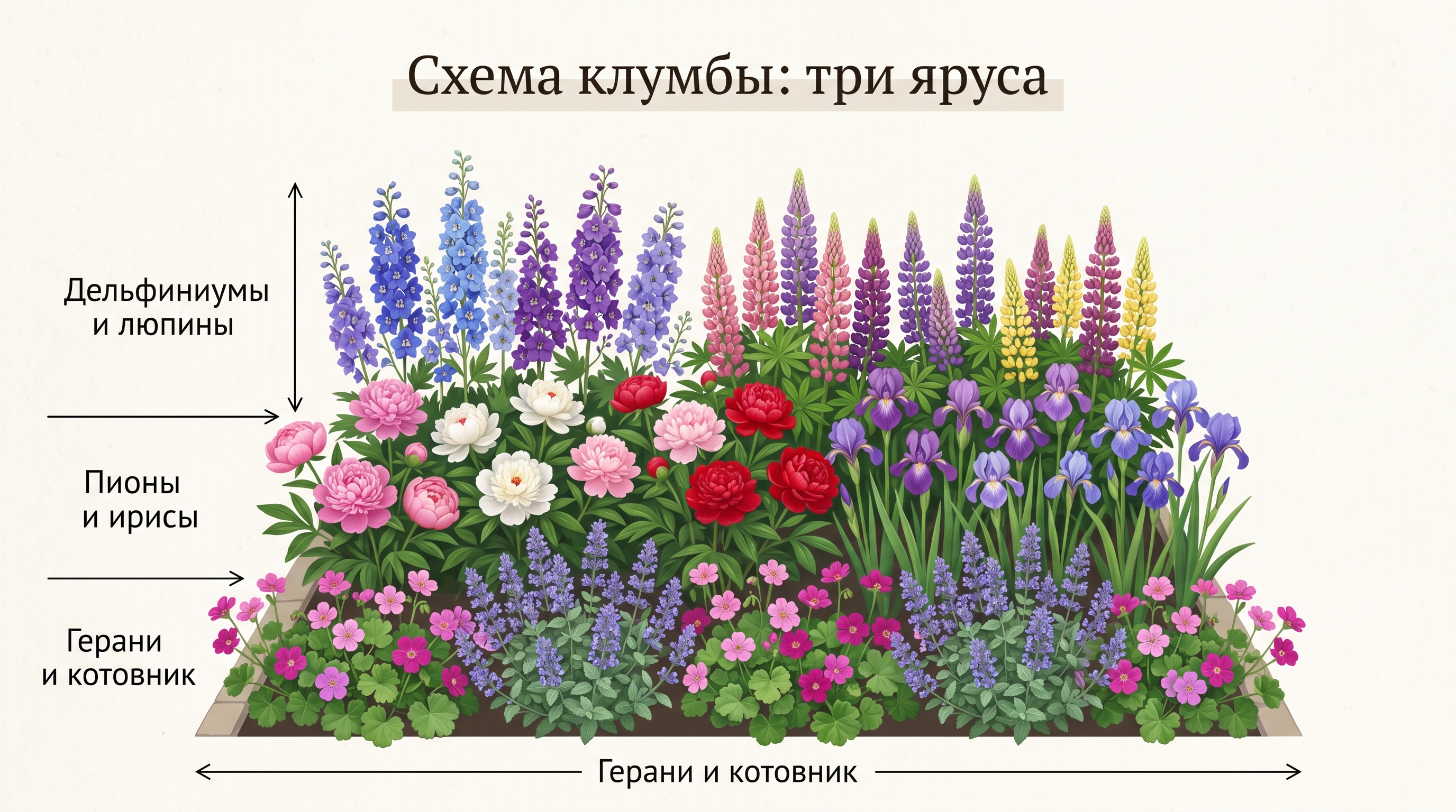 Схема клумбы непрерывного цветения из многолетников в три яруса