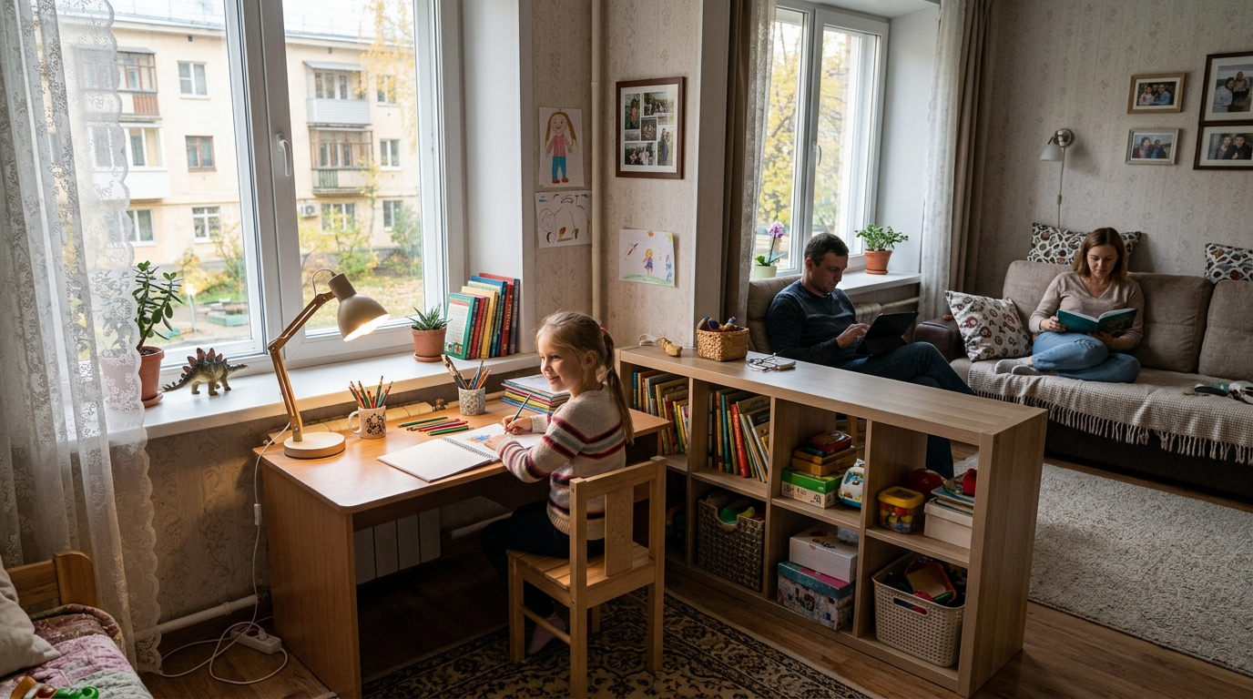 Рабочее место школьника в общей комнате рядом с родительской зоной