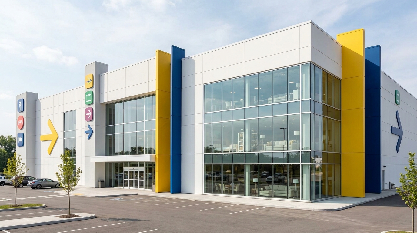 Фасад мебельного шоурума в стиле IKEA: большие витрины, жёлто-синие акцентные панели, иконки навигации