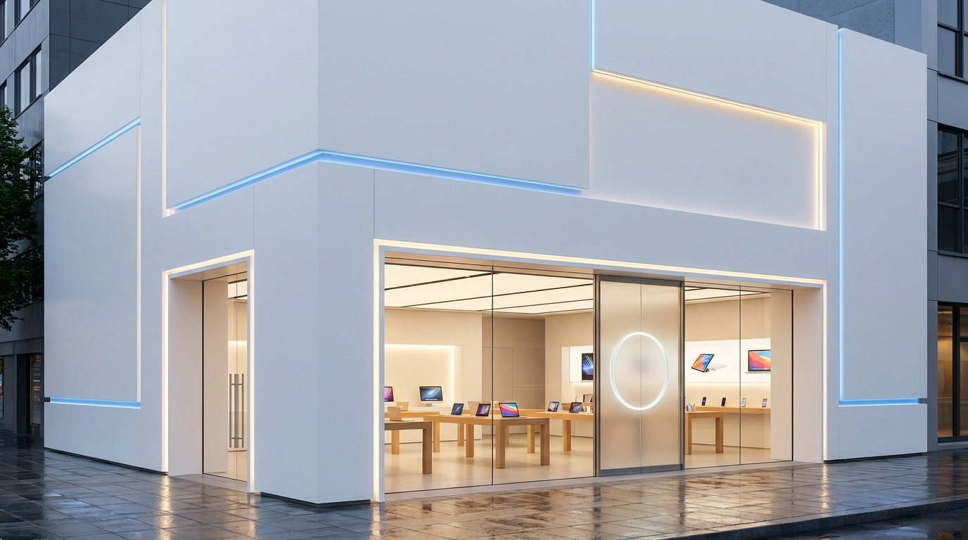 Технический шоурум в стиле Apple Store: белый минималистичный фасад с подсветкой, стеклянные витрины с гаджетами