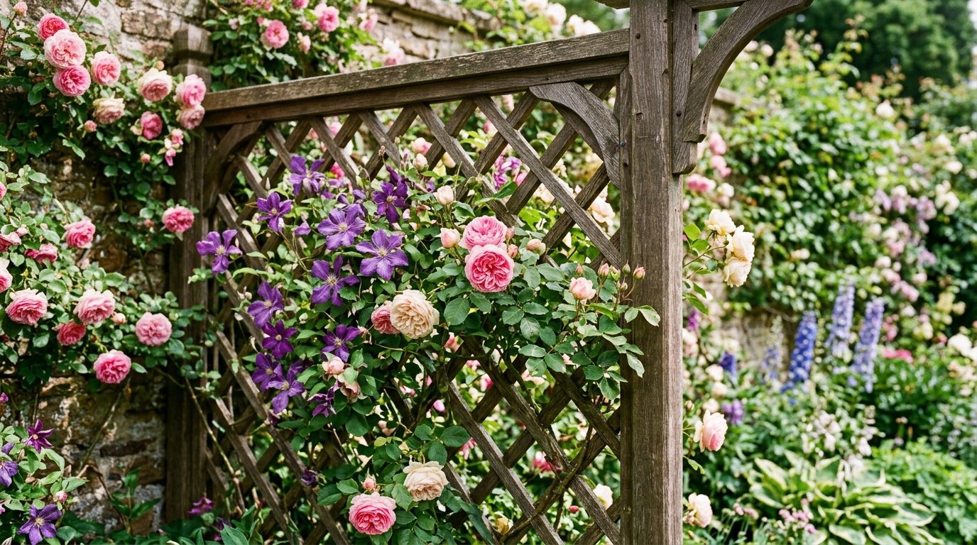 Деревянная шпалера с плетистыми розами и клематисами в саду