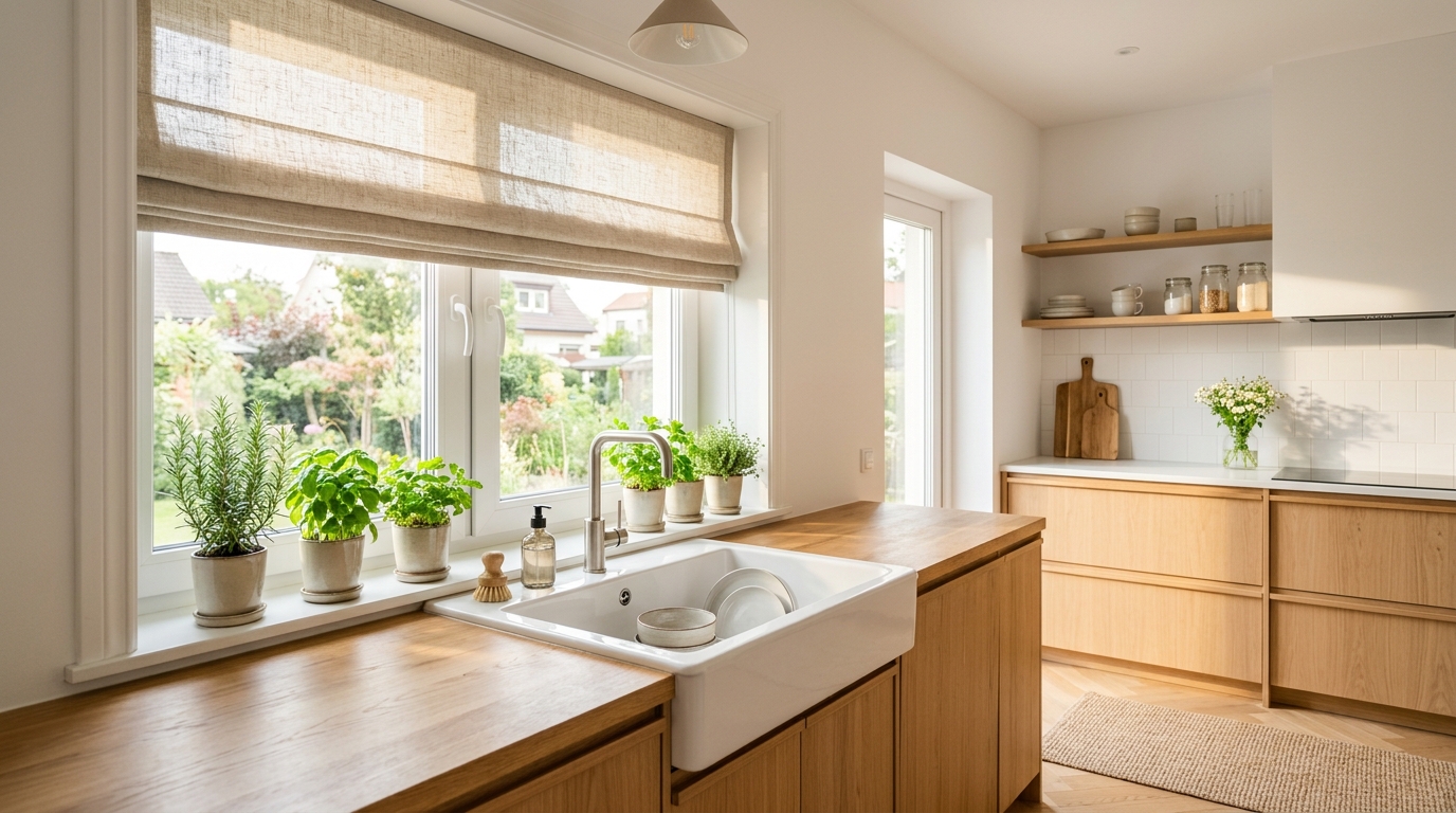 Светлая кухня с римскими шторами из натурального льна