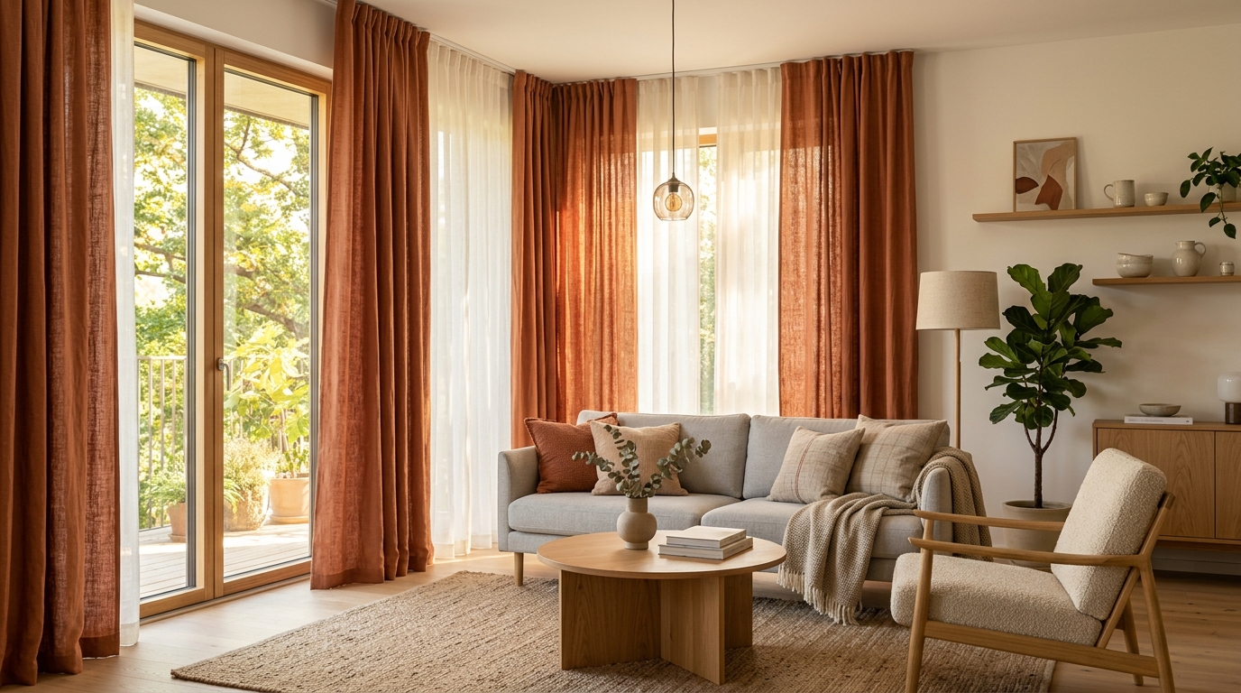 Современная гостиная с терракотовыми шторами из натурального льна