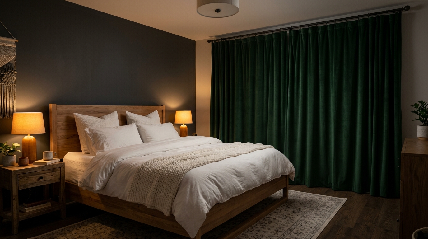 Элегантная спальня с тёмно-зелёными шторами блэкаут