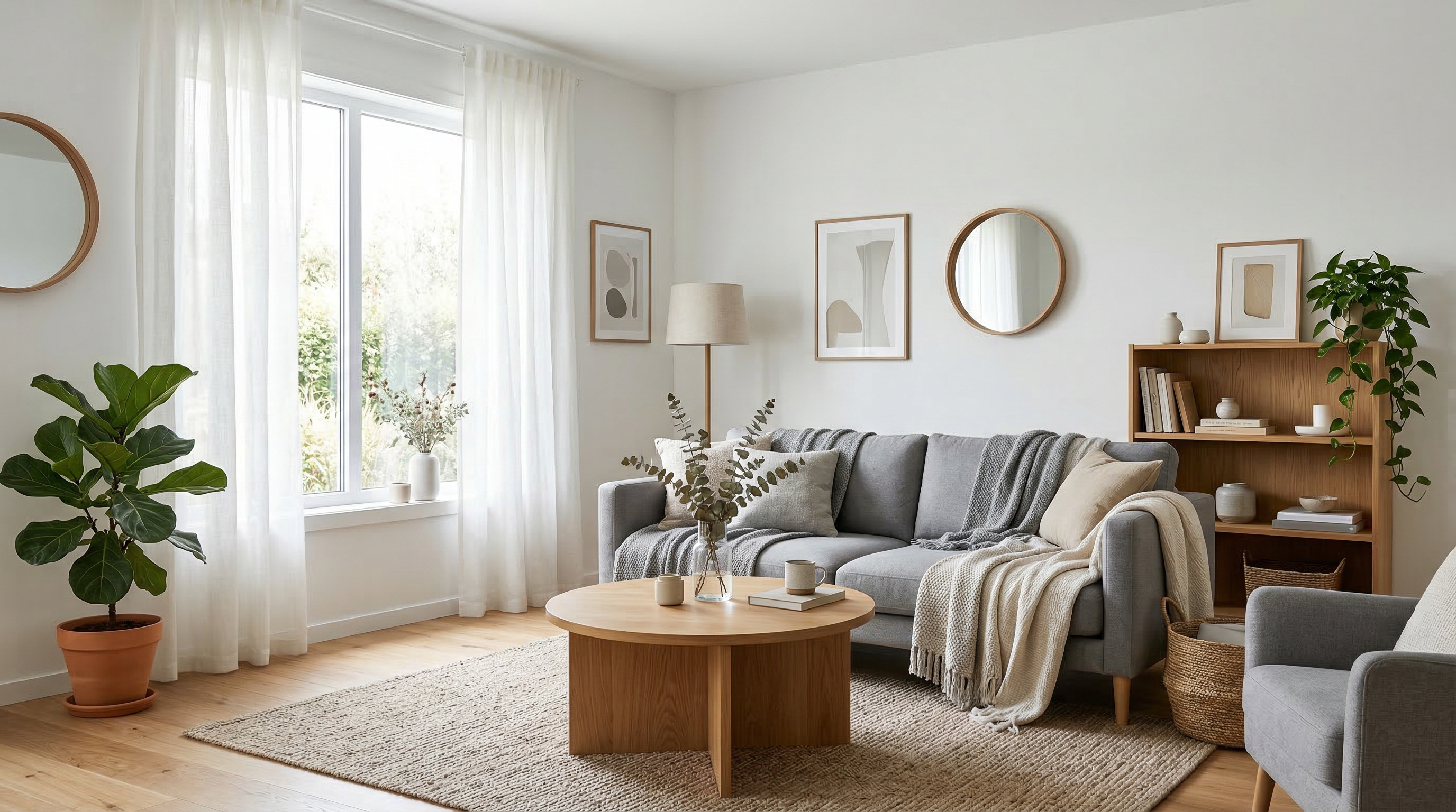 Гостиная в скандинавском стиле — светлое пространство с серым диваном, деревянным столиком и растениями