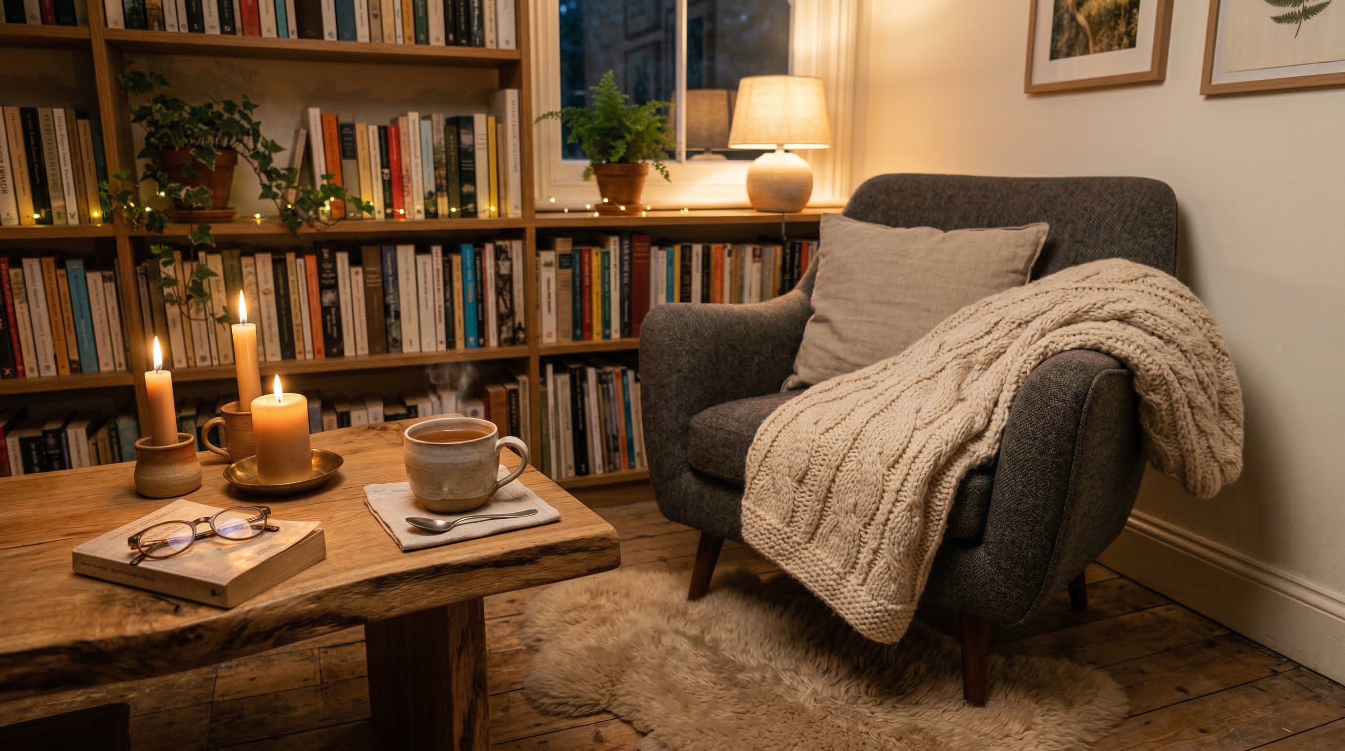 Уютный уголок в духе хюгге — кресло с пледом, свечи, книга и чашка чая
