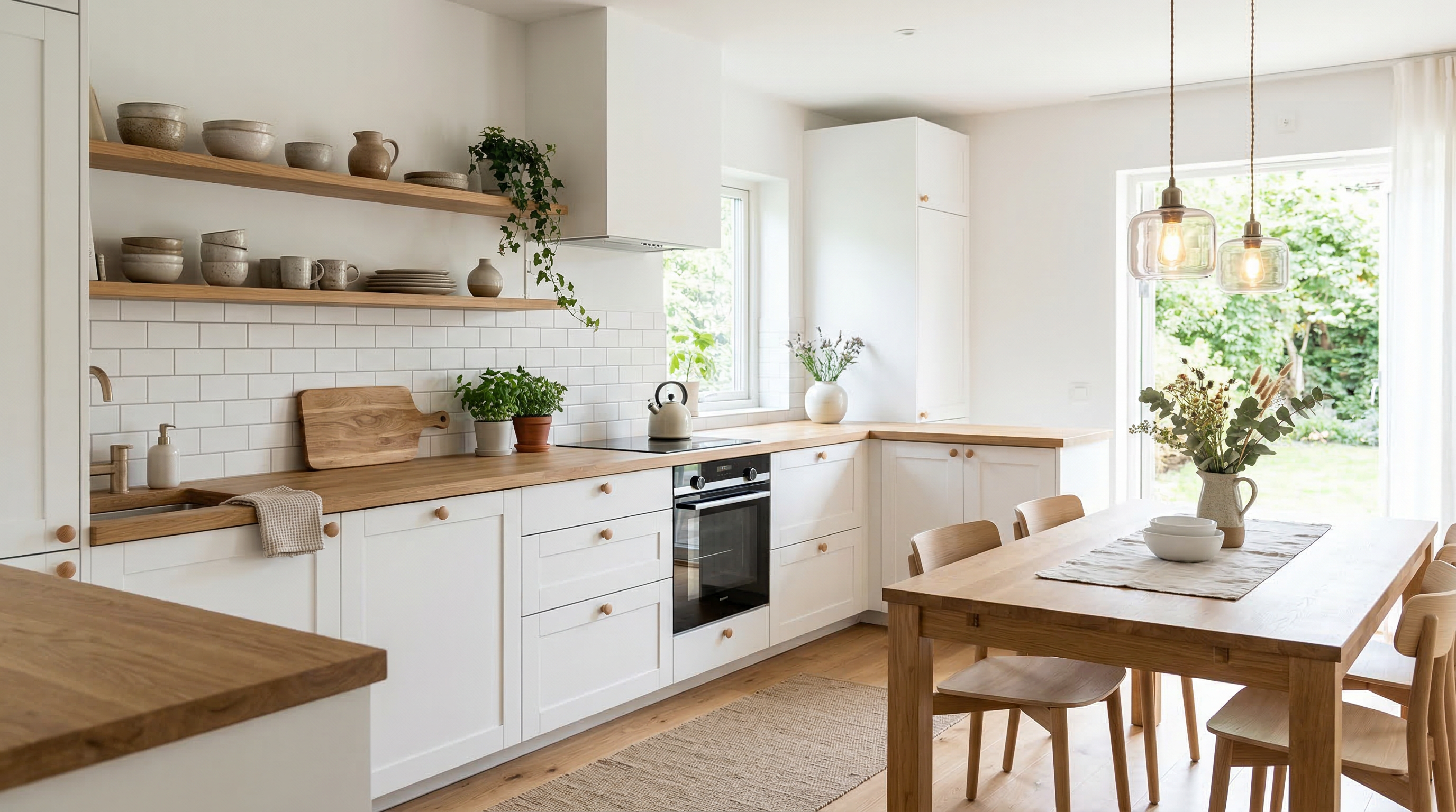 Кухня в скандинавском стиле — белые шкафы, деревянная столешница, открытые полки с посудой