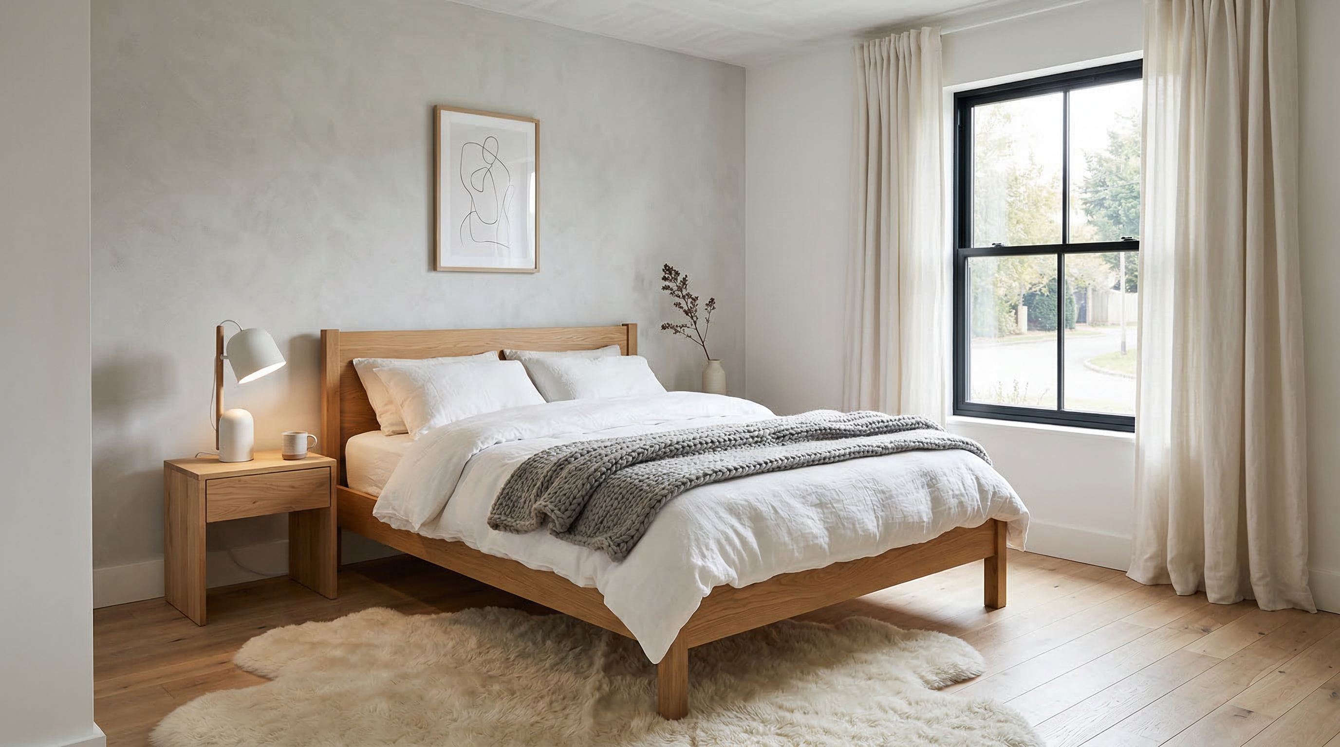 Спальня в скандинавском стиле — кровать с деревянным каркасом, белое постельное бельё, шерстяной плед