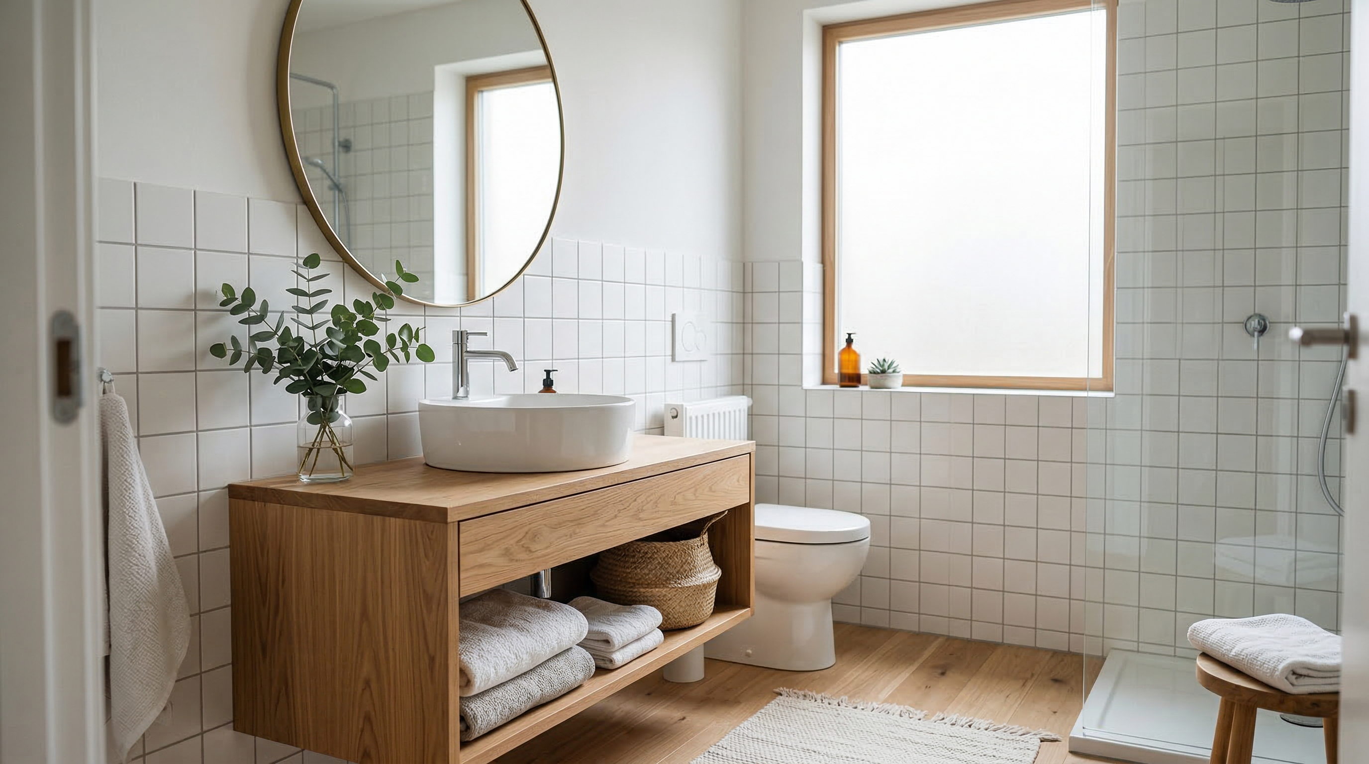 Ванная комната в скандинавском стиле — белая плитка, деревянная тумба, круглое зеркало и растения