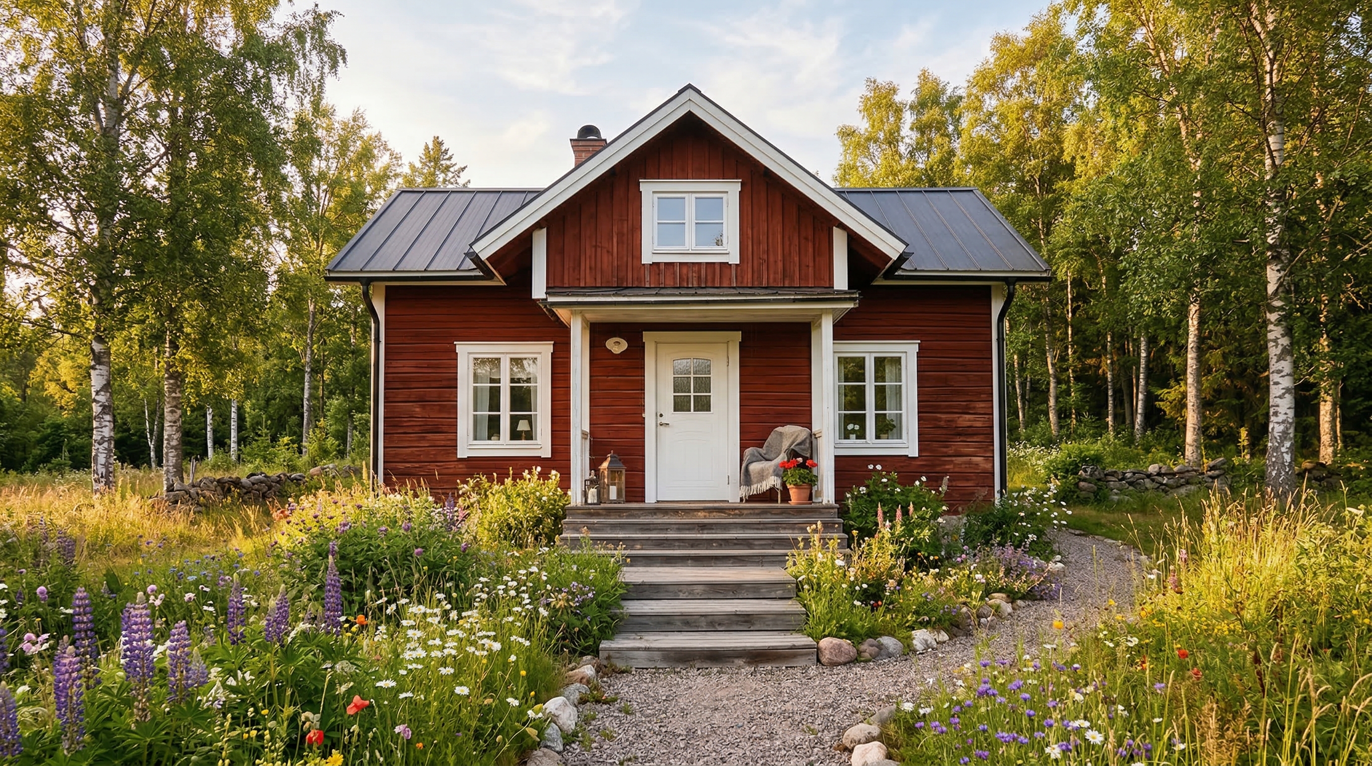 Шведский дом с фасадом в традиционном фалунском красном цвете, белые наличники, двускатная крыша