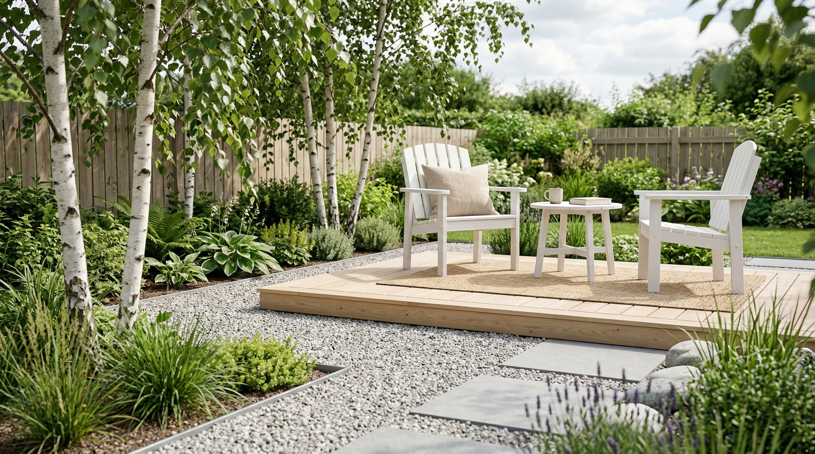 Скандинавский минималистичный сад с деревянным настилом и гравием