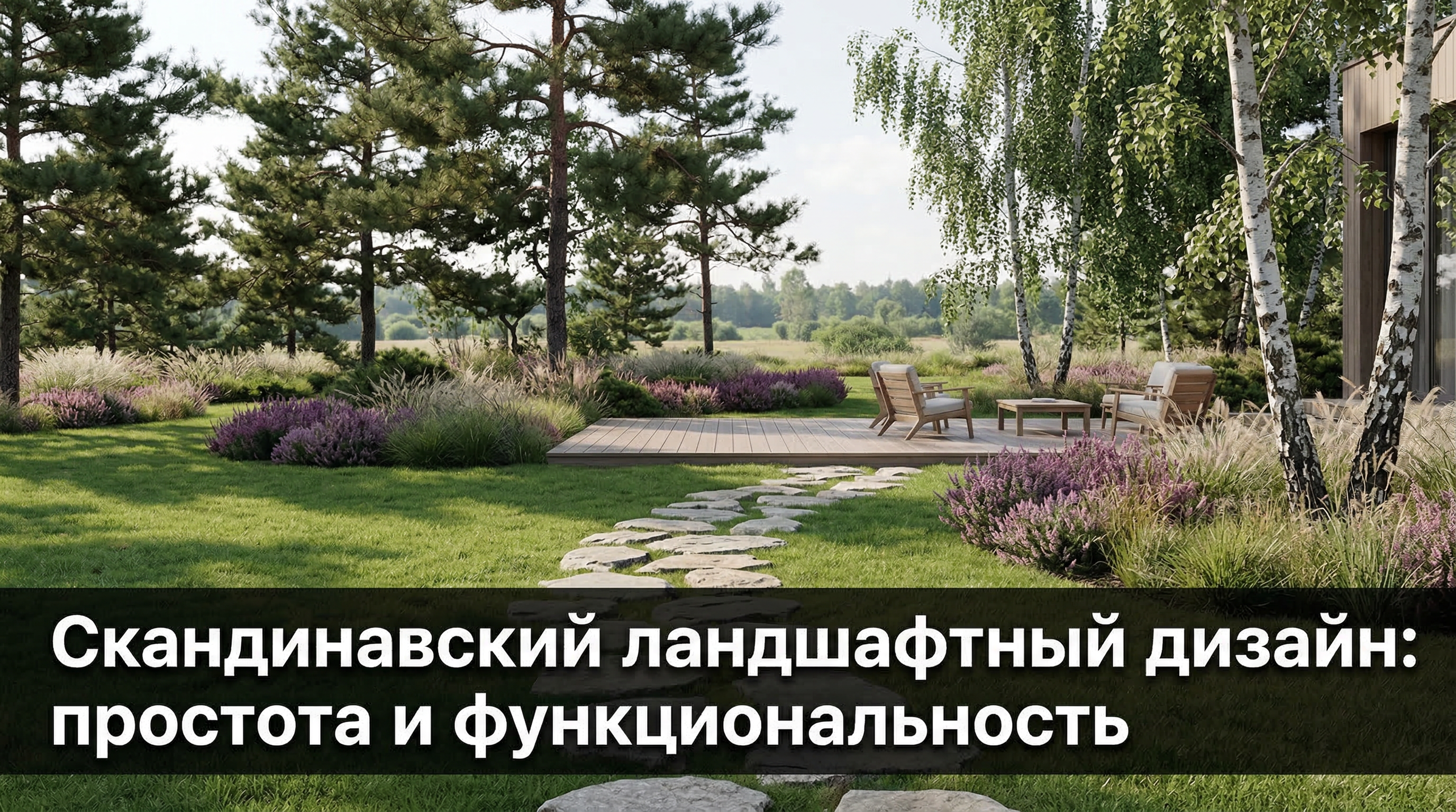Скандинавский ландшафтный дизайн — сад с каменными дорожками, соснами и зоной отдыха
