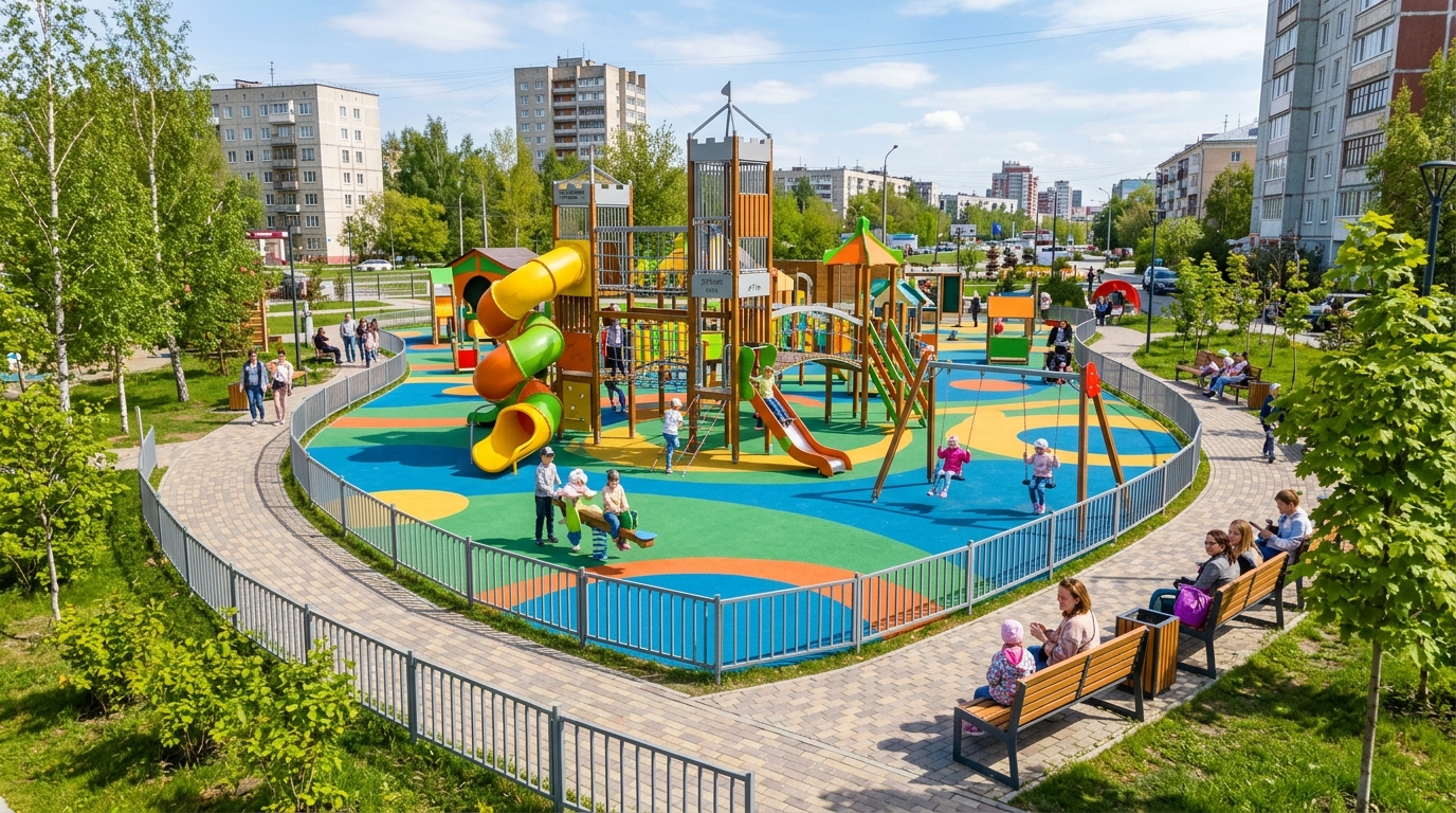 Детский сквер с игровой зоной и резиновым покрытием