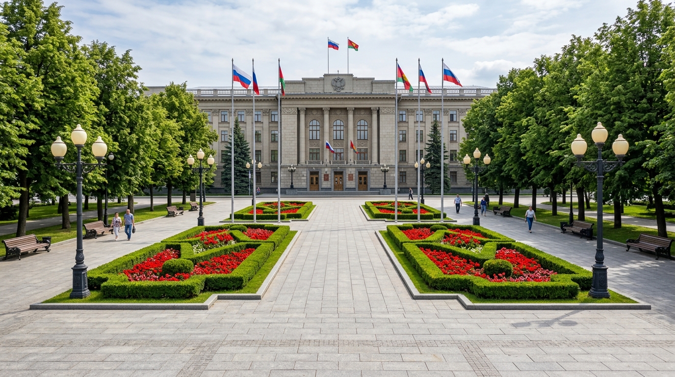 Парадный сквер у административного здания с симметричной планировкой