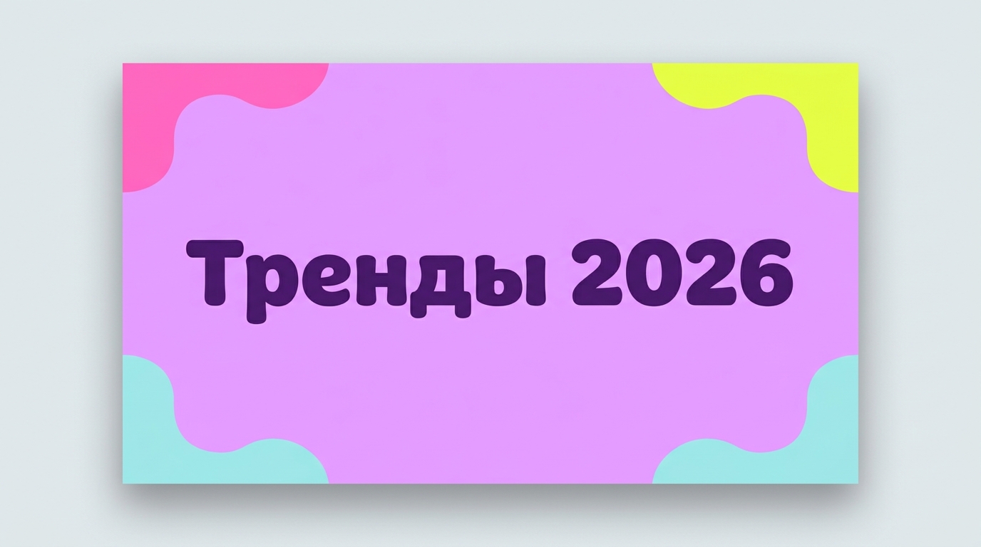 Пример слайда в Gen-Z палитре — лиловый, жёлтый, розовый