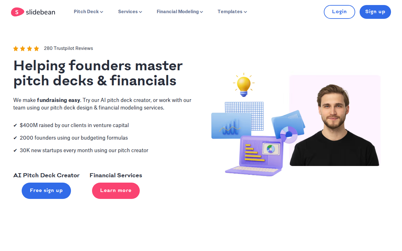 Скриншот главной страницы Slidebean — платформа для питч-деков стартапов