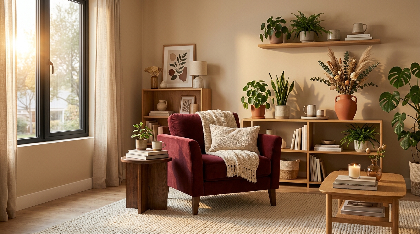 Гостиная с модным сочетанием тёплых цветов: бежевый, бургунди и натуральное дерево