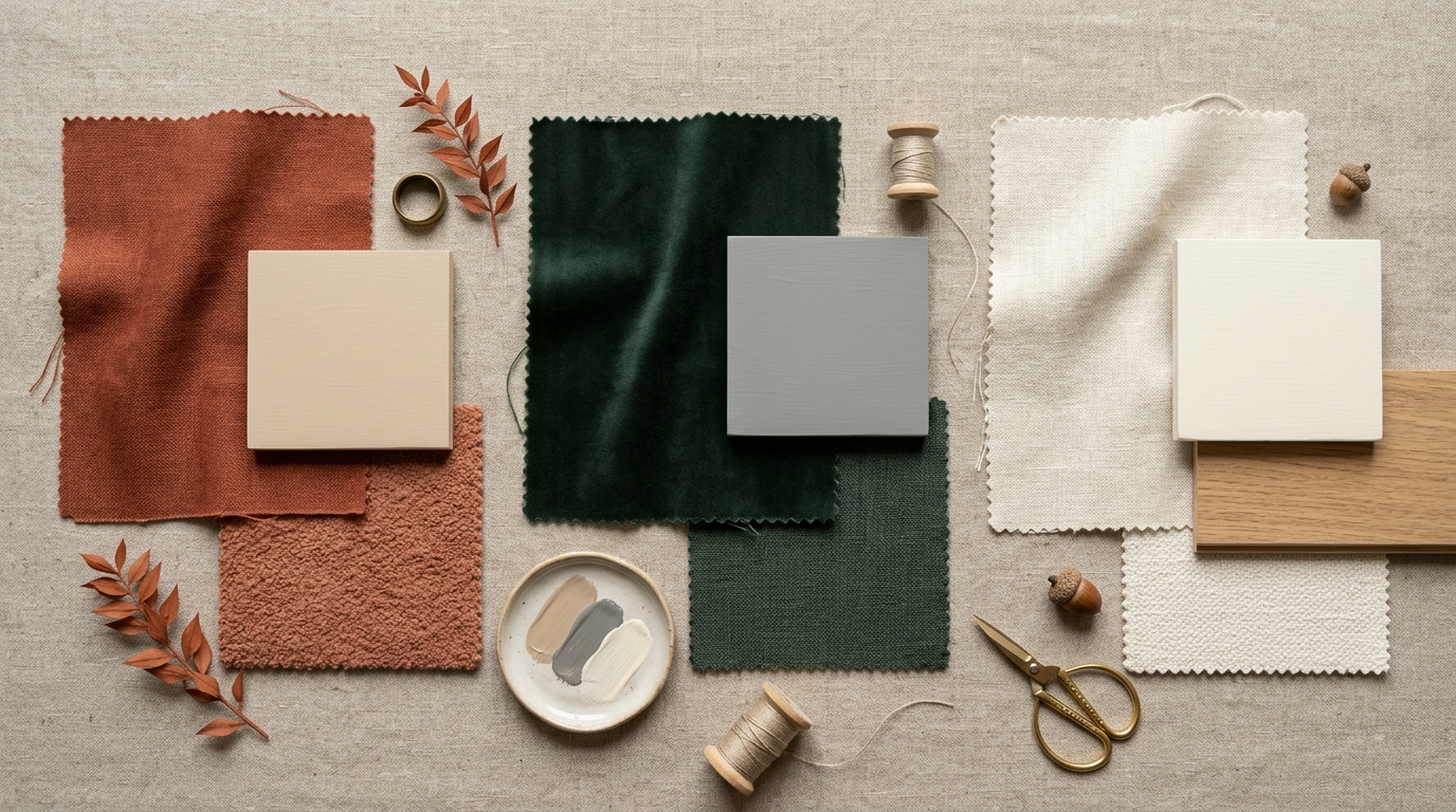 Мудборд с сочетанием цветов штор, стен и мебели